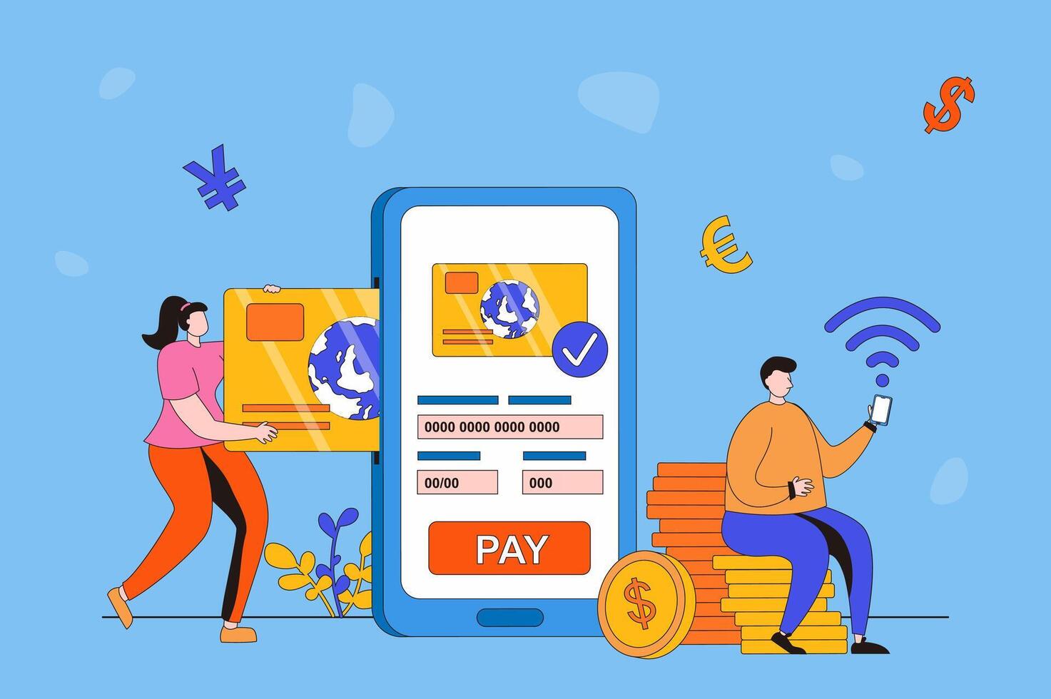 E-payment process web concept in flat 2d design. Man and woman pay for purchases and services with credit card using smartphone application. Online store payment. illustration with people scene vector