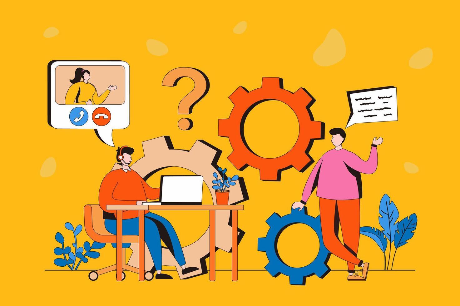 Technical support web concept in flat 2d design. Men consult clients and solve techn problems, helping clients and receive feedback. Online customer service. illustration with people scene vector