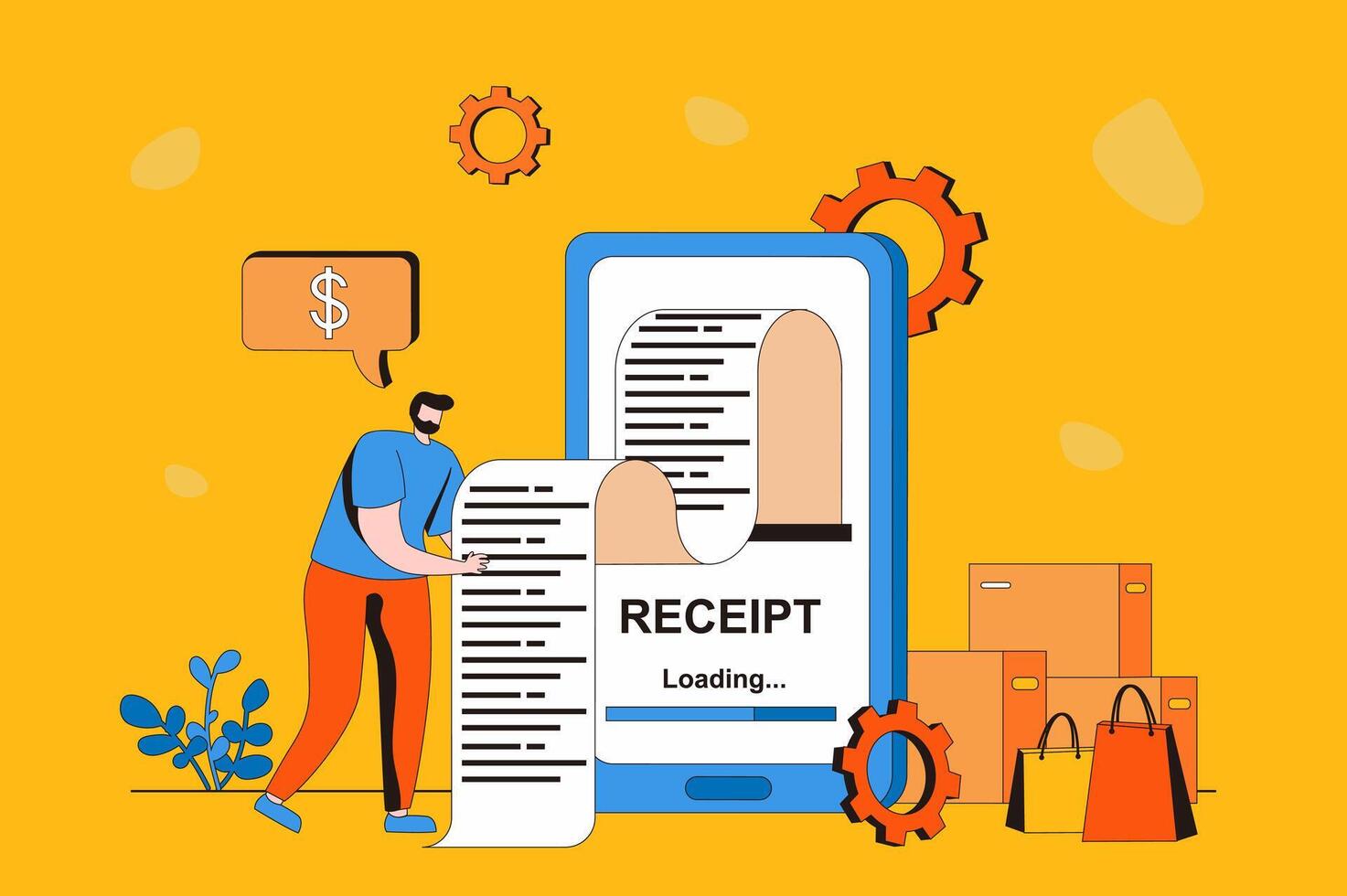 Electronic receipt web concept in flat 2d design. Man receives invoice and pays it online using mobile app on his smartphone. Banking services and transactions. illustration with people scene vector