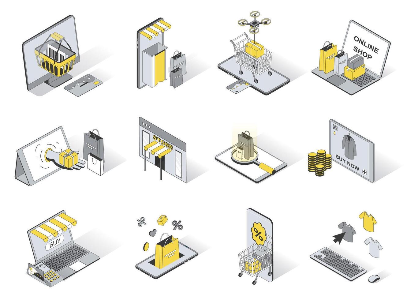 Online shopping service concept 3d isometric icons set. Pack elements of supermarket basket, buy products, shop, gift, store, discount, sale and other. illustration in modern isometry design vector