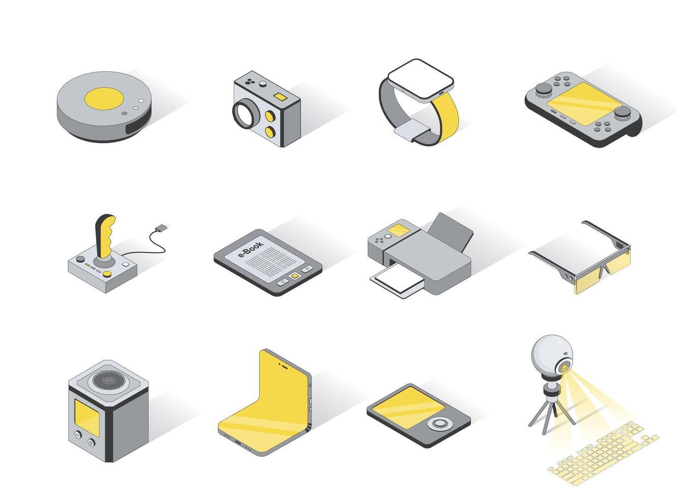 Technology devices service concept 3d isometric icons set. Pack elements of robot vacuum cleaner, camera, watch, gamepad, joystick, e-book and other. illustration in modern isometry design vector