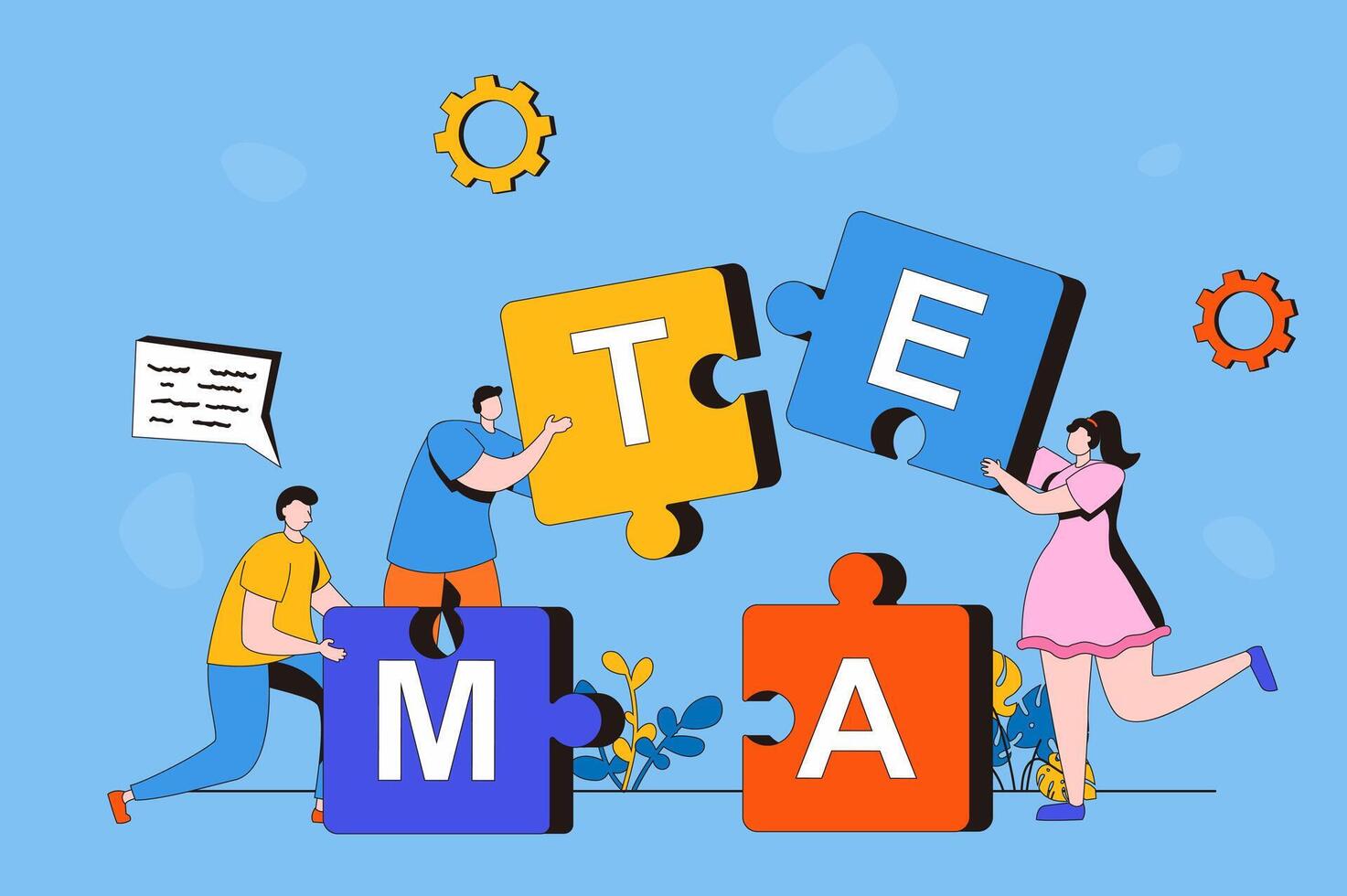 Teamwork web concept in flat 2d design. Men and woman hold puzzle pieces and put them together. Team collaborates and works together. Business development. illustration with people scene vector