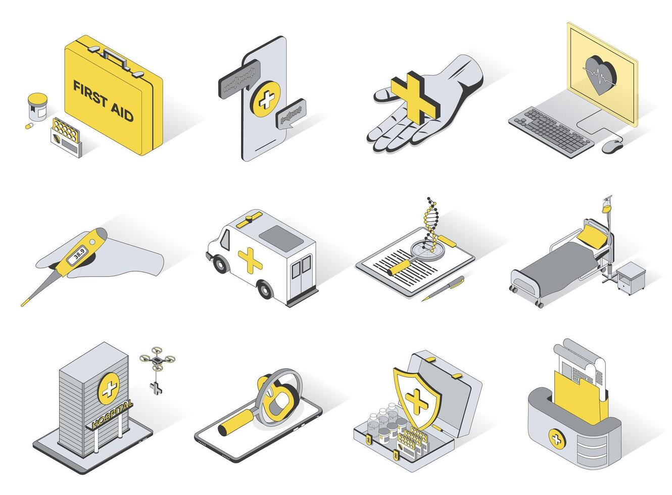 Medical service concept 3d isometric icons set. Pack elements of online consultation, healthcare, cardiology, temperature, ambulance, genetic and other. illustration in modern isometry design vector