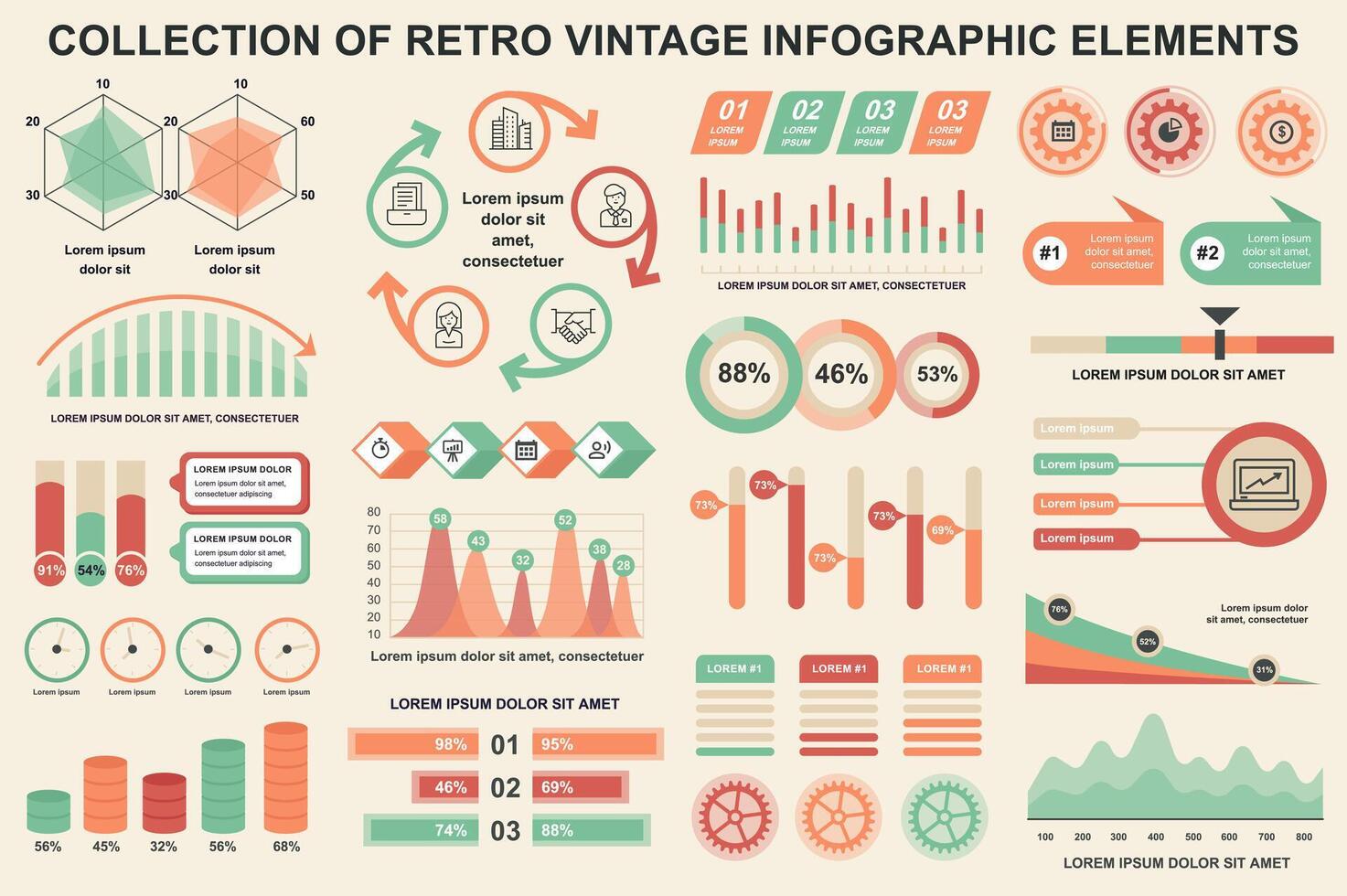 Bundle vintage infographic elements data visualization design template. Can be used for steps, business processes, workflow, diagram, flowchart, timeline, marketing icons, retro infographics. vector