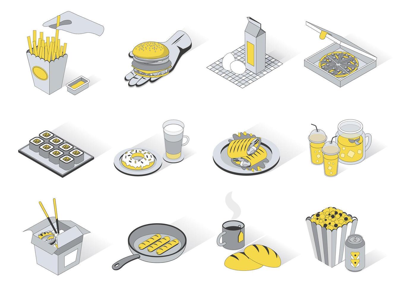 Foodstuffs concept 3d isometric icons set. Pack elements of fries, hamburger, egg, milk, pizza, sushi, donut, burrito, lemonade, noodles, tea and other. illustration in modern isometry design vector