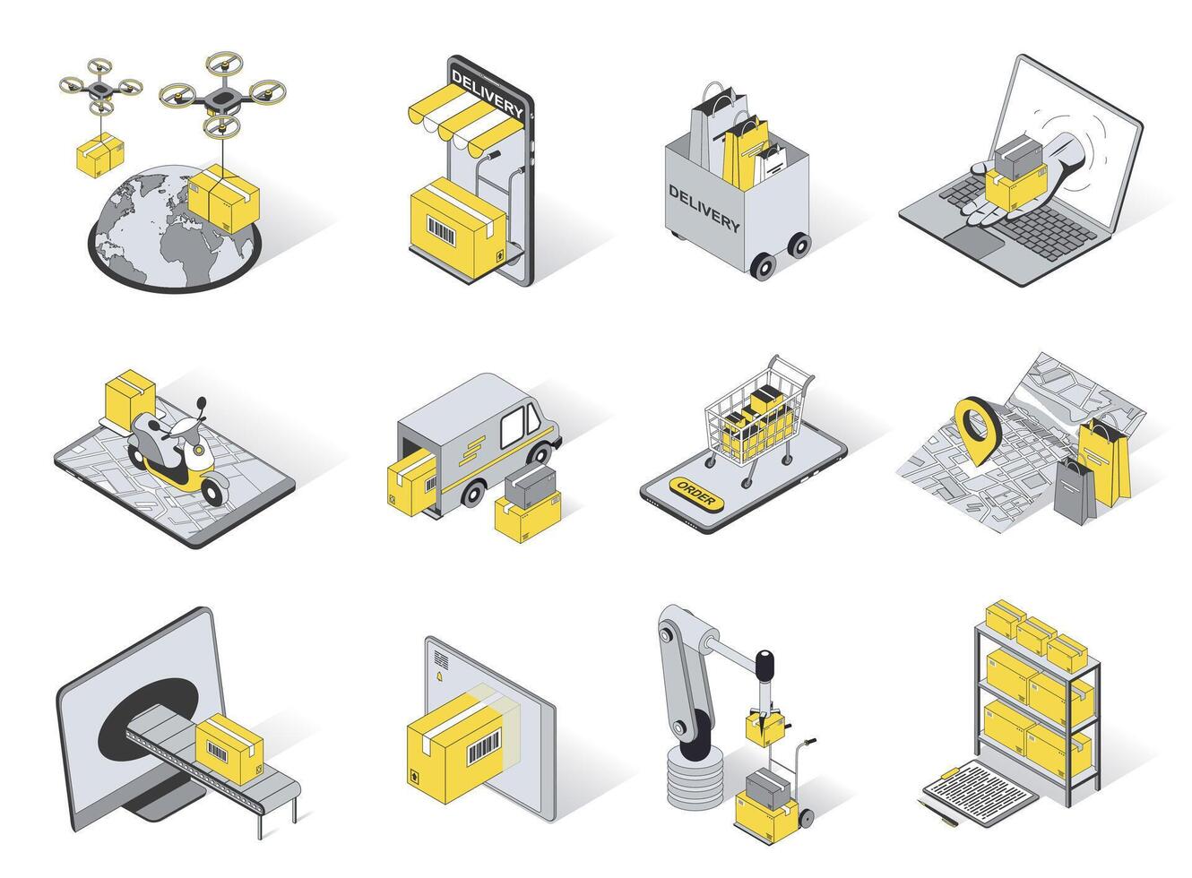Delivery concept 3d isometric icons set. Pack elements of flying drone, global shipping, online shopping, tracking app, upload, warehouse and other. illustration in modern isometry design vector