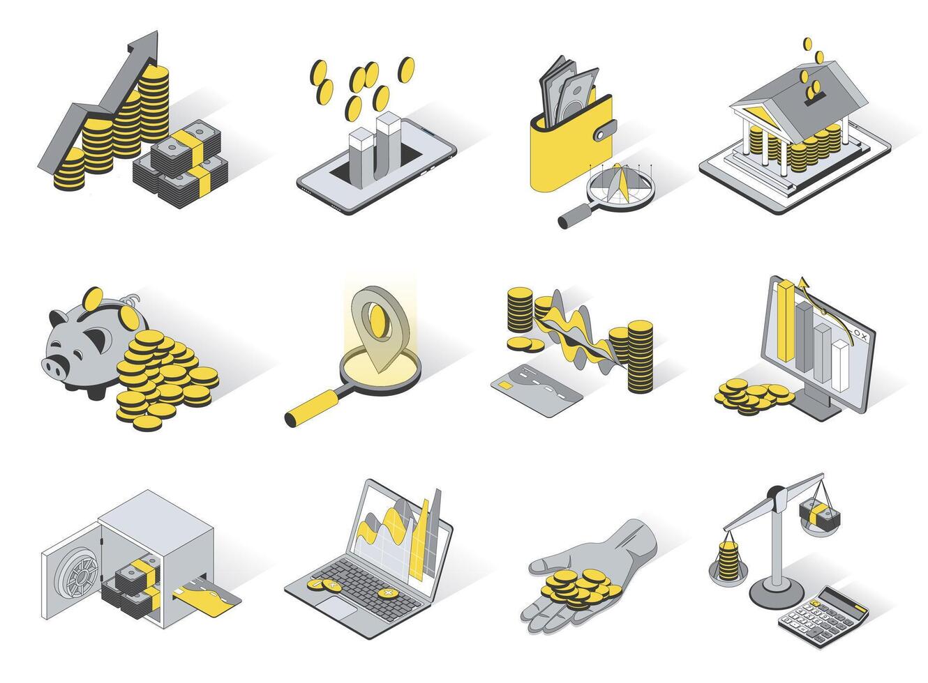 Finance concept 3d isometric icons set. Pack elements of financial analysis, money, profit, earning, wallet, accounting, savings, piggy bank and other. illustration in modern isometry design vector