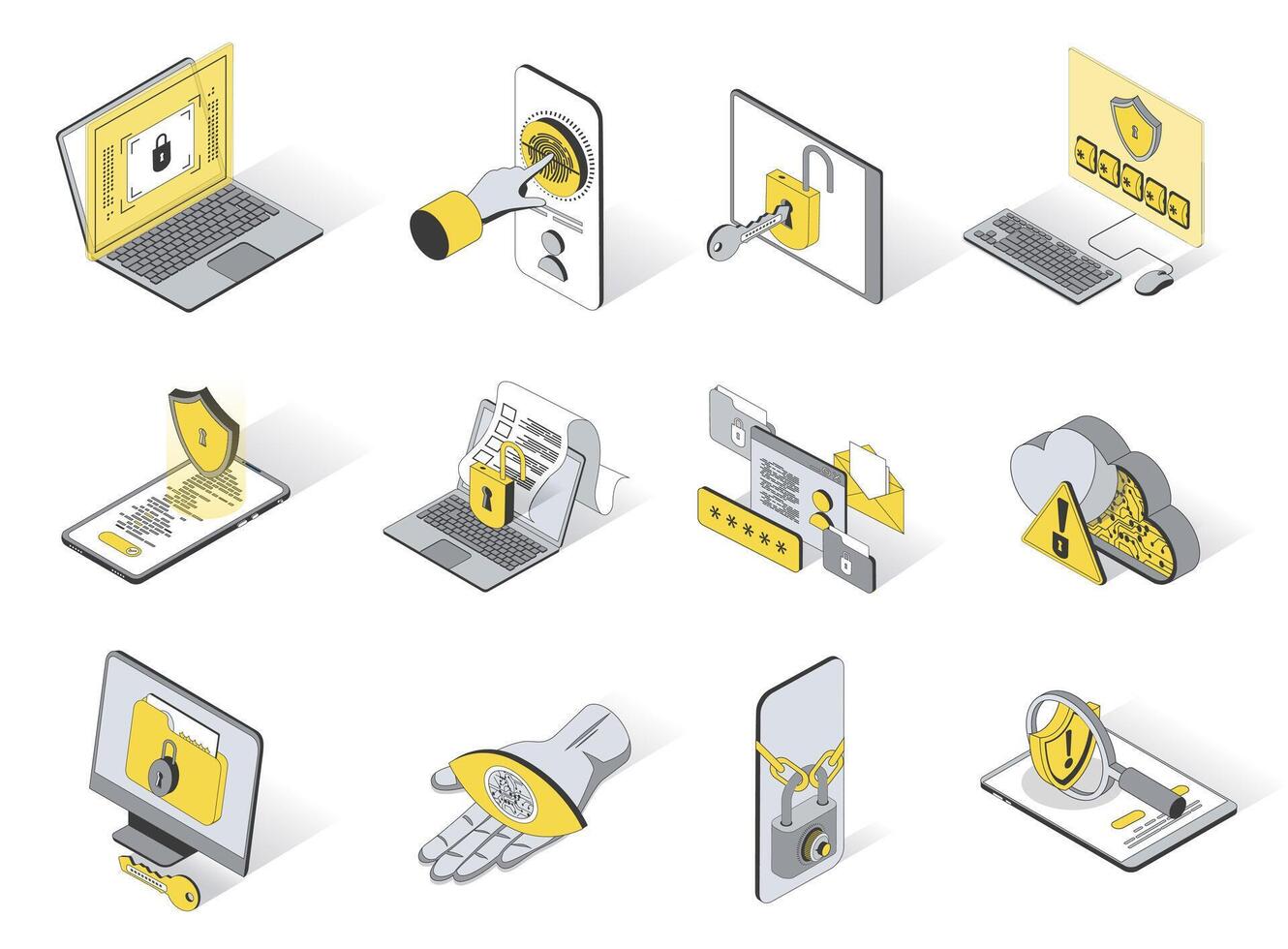 Cyber security concept 3d isometric icons set. Pack elements of password, fingerprint scanner, padlock, profile, firewall, virus protection and other. illustration in modern isometry design vector