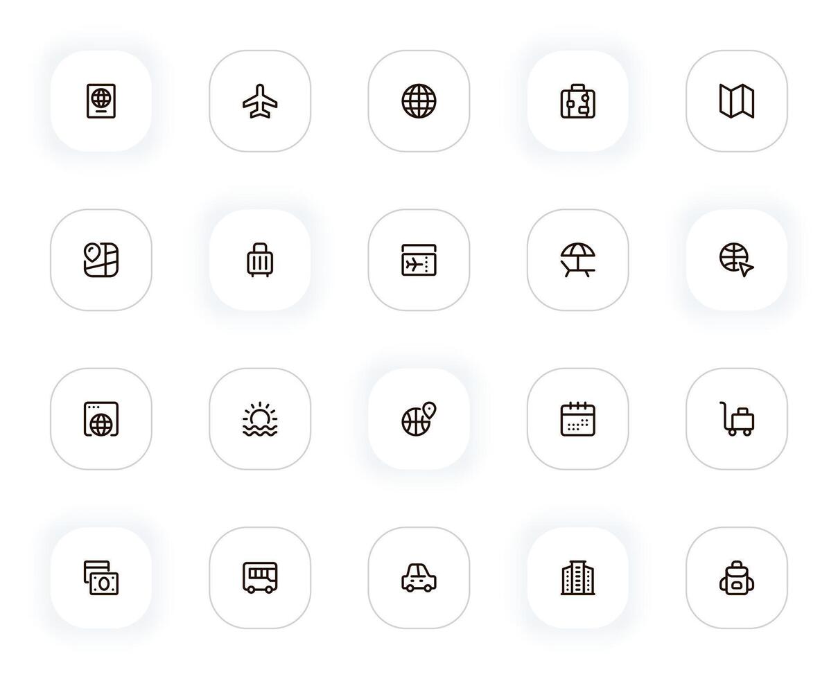 Travel line icons set. Passport, airplane, globe, suitcase, map, ticket, hotel and other buttons. outline pictograms for web and ui, ux mobile app design. Editable Stroke. 24x24 Pixel Perfect. vector