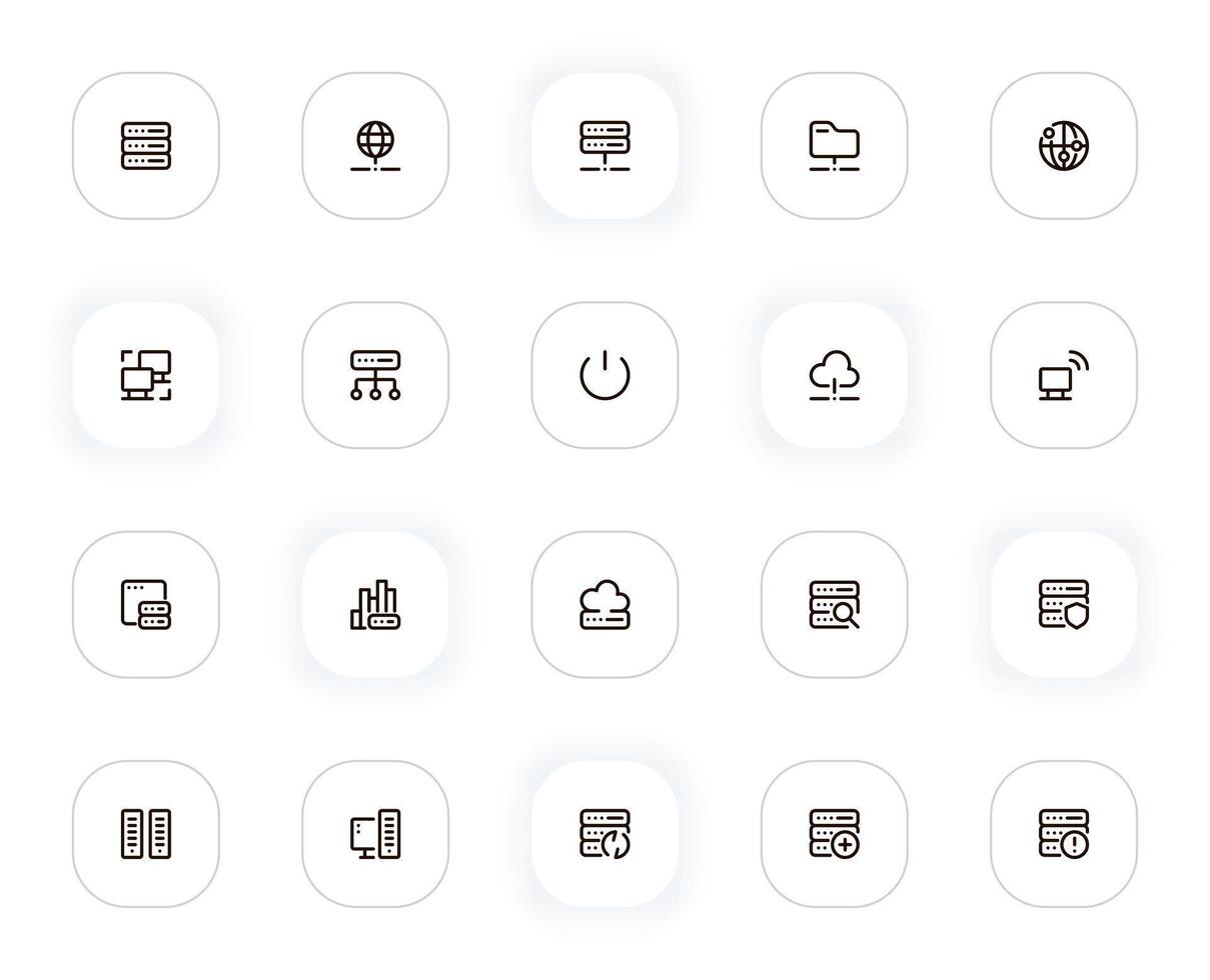 servidores y bases de datos línea íconos colocar. computadora, red, alojamiento, nube almacenamiento y otro botones. contorno pictogramas para web y ui, ux móvil aplicación diseño. editable ataque. 24x24 píxel Perfecto. vector