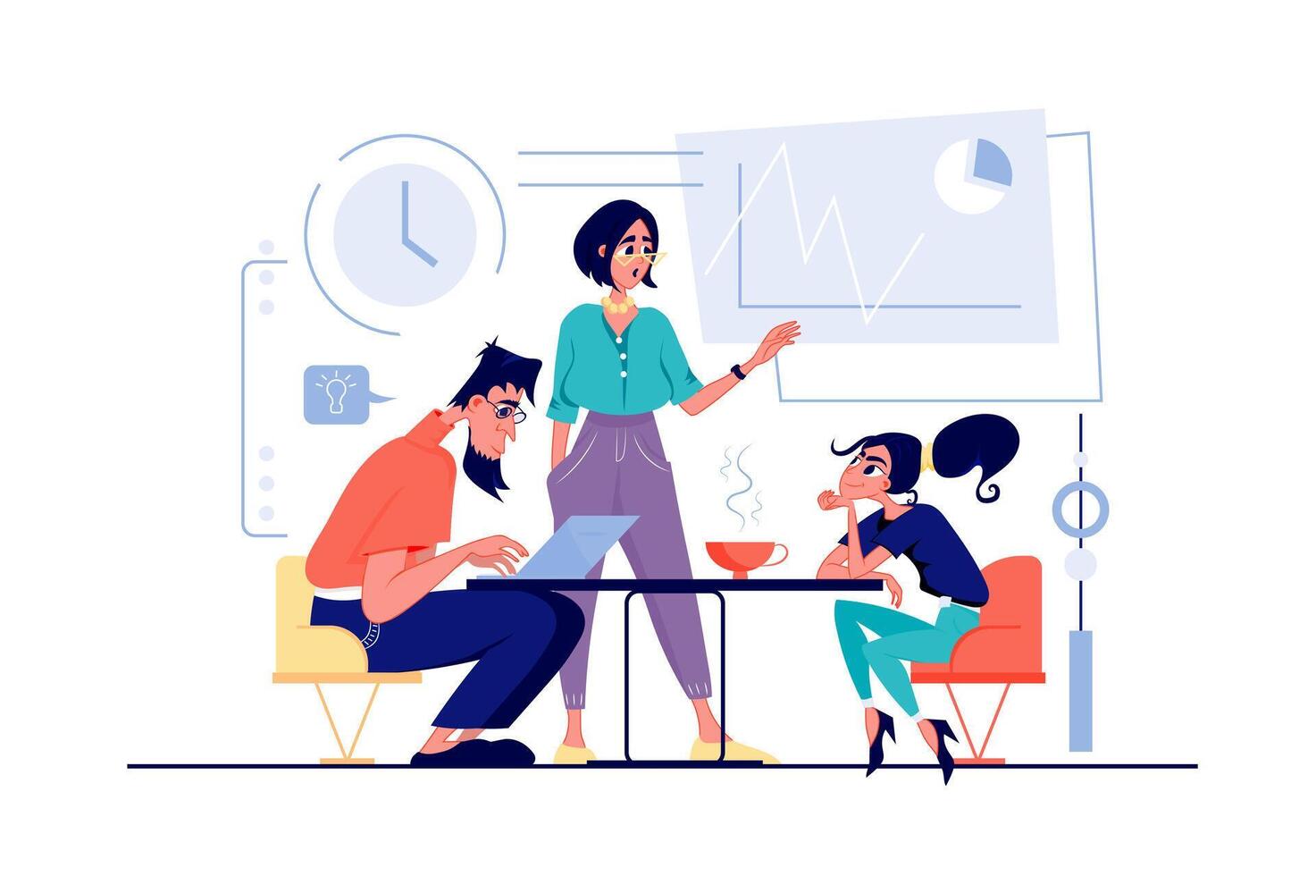 Recruitment process concept in flat cartoon design. Man and women looking for best resume of candidate for open vacancy, making interview at office. illustration with people scene for web vector