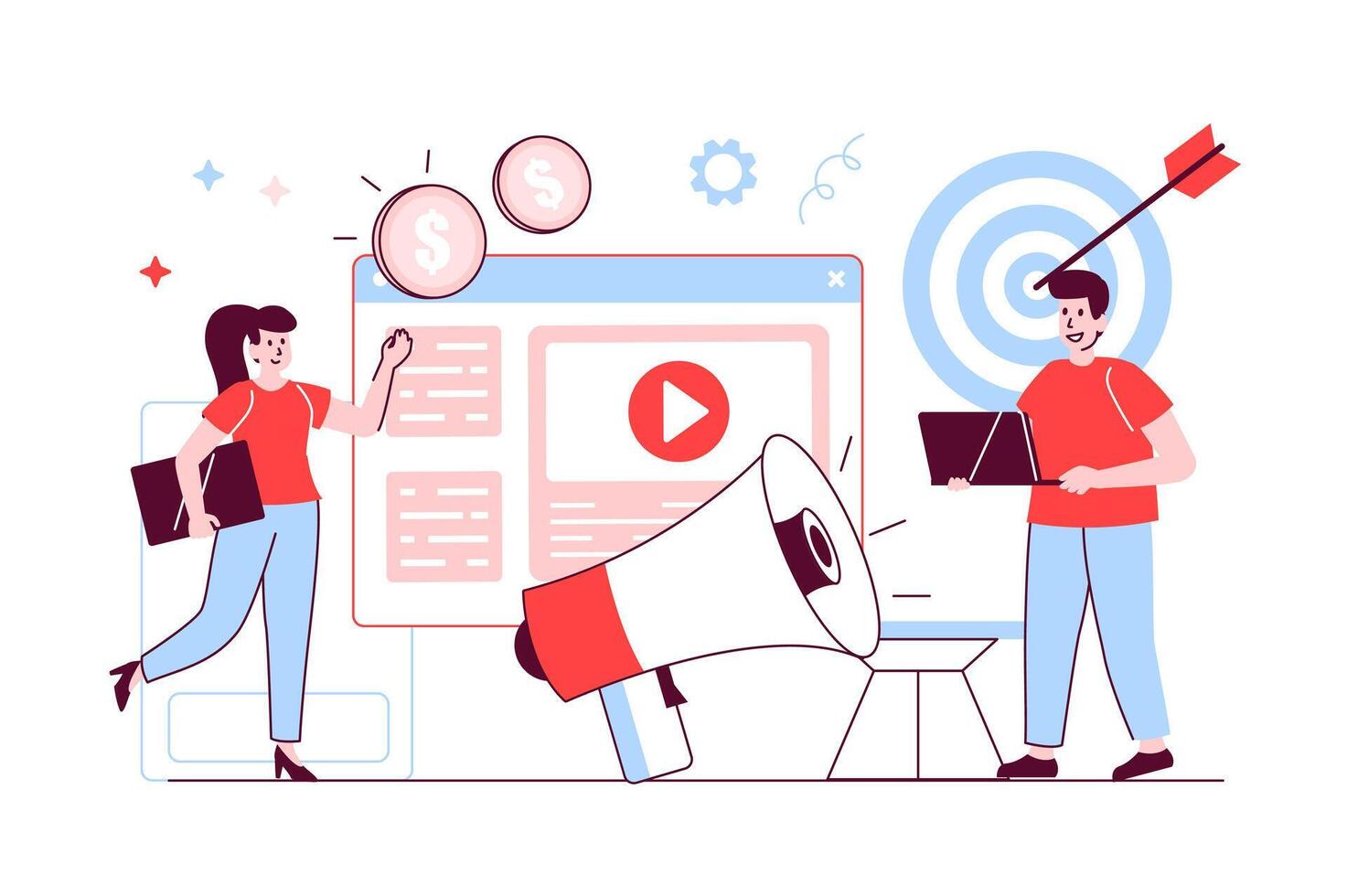 Digital marketing concept in flat line design. Man and woman research market, create strategy and targeting, make advertising in social network. illustration with outline people scene for web vector