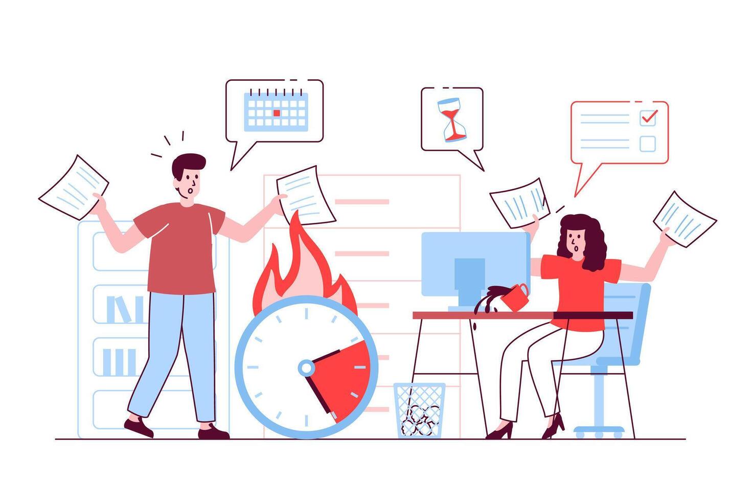 Deadline at office concept in flat line design. Worried man and woman rush to complete tasks from list, time is counting down for busy team. illustration with outline people scene for web vector