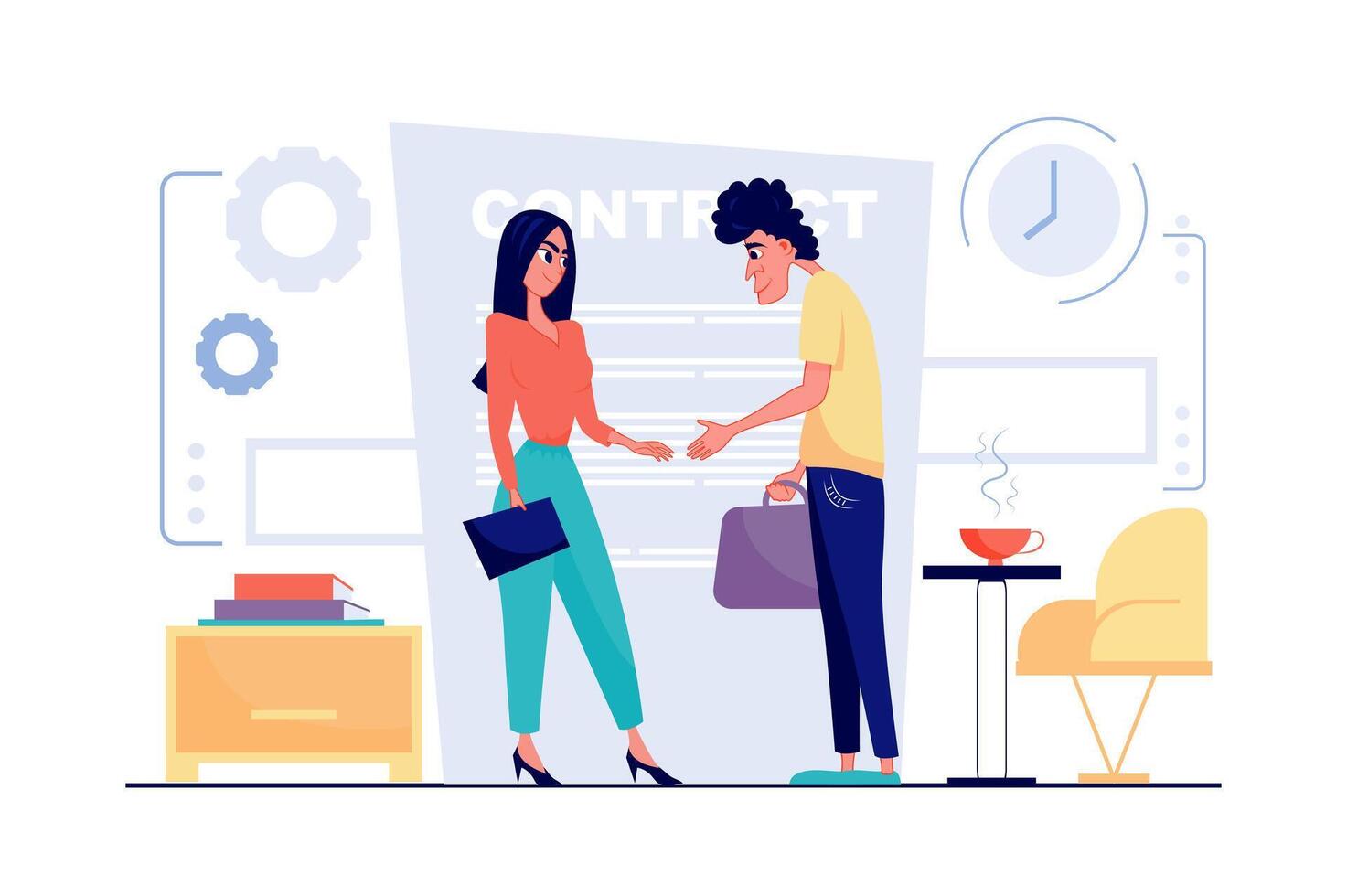 Teamwork at office concept in flat cartoon design. Businesswoman and businessman shake hands and sign contract. Colleagues cooperate and working together. illustration with people scene for web vector