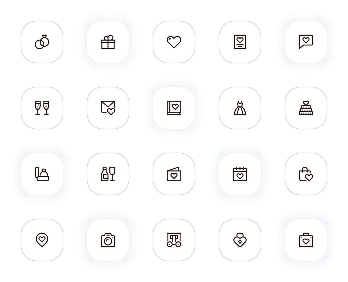 Romance and wedding line icons set. Rings, gift, heart, letter, dress, cake and other buttons. outline pictograms for web and ui, ux mobile app design. Editable Stroke. 24x24 Pixel Perfect. vector