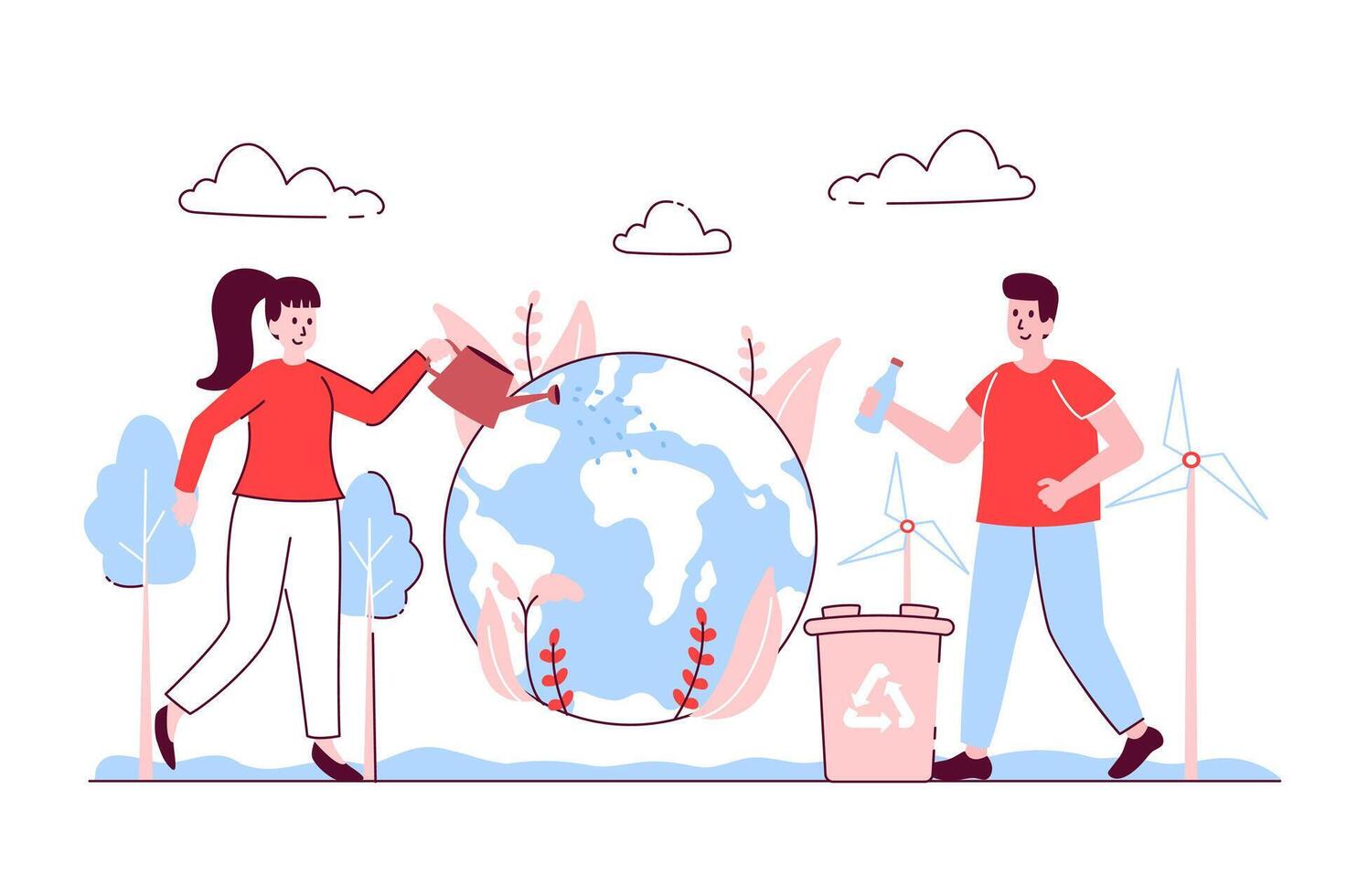 Environmental protection concept in flat line design. Man and woman take care of planet, plants and climate, sort garbage and recycle waste. illustration with outline people scene for web vector