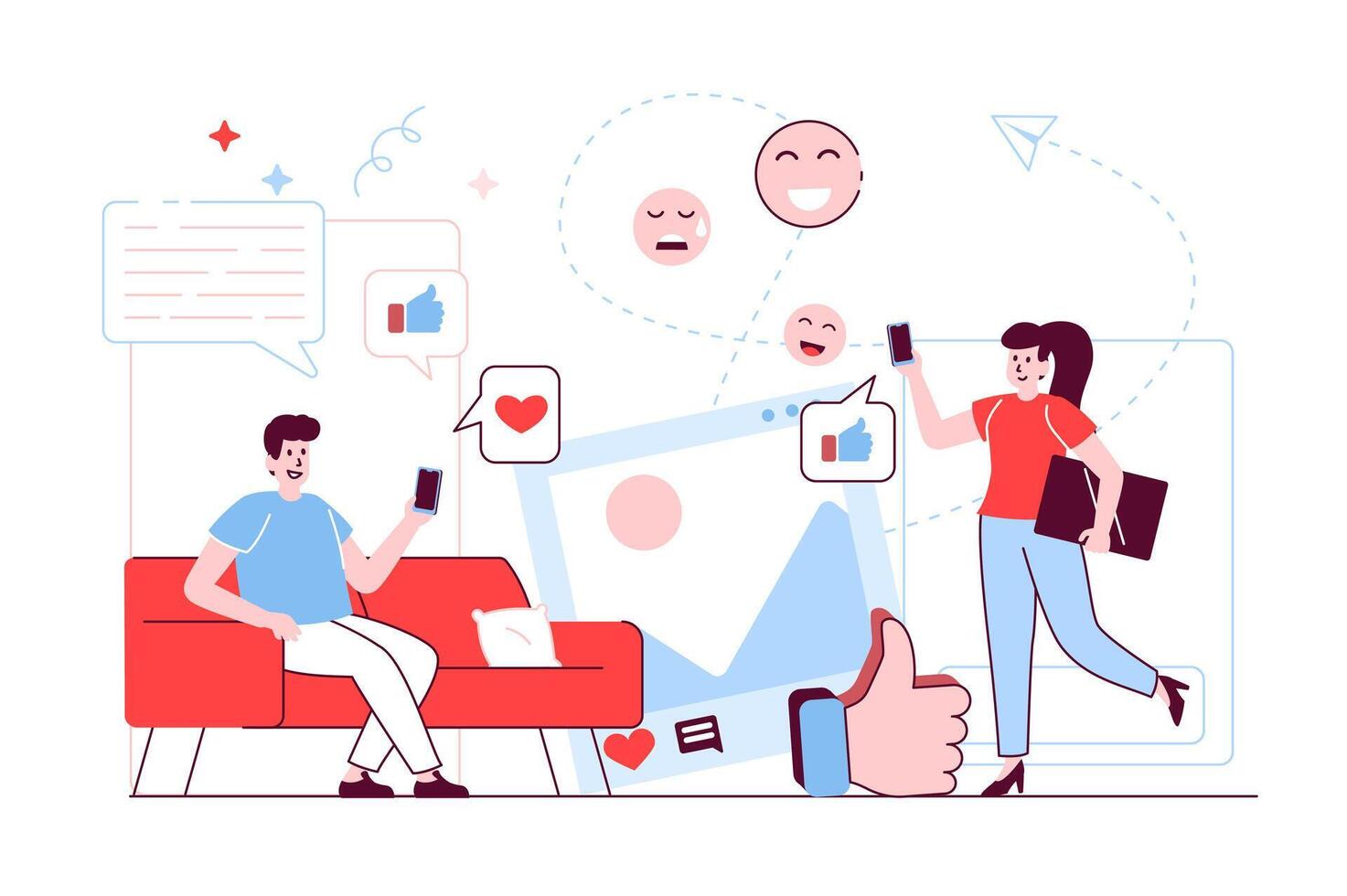 Social network concept in flat line design. Man and woman users browsing news feed, share posts, get likes and reactions, communicate online. illustration with outline people scene for web vector