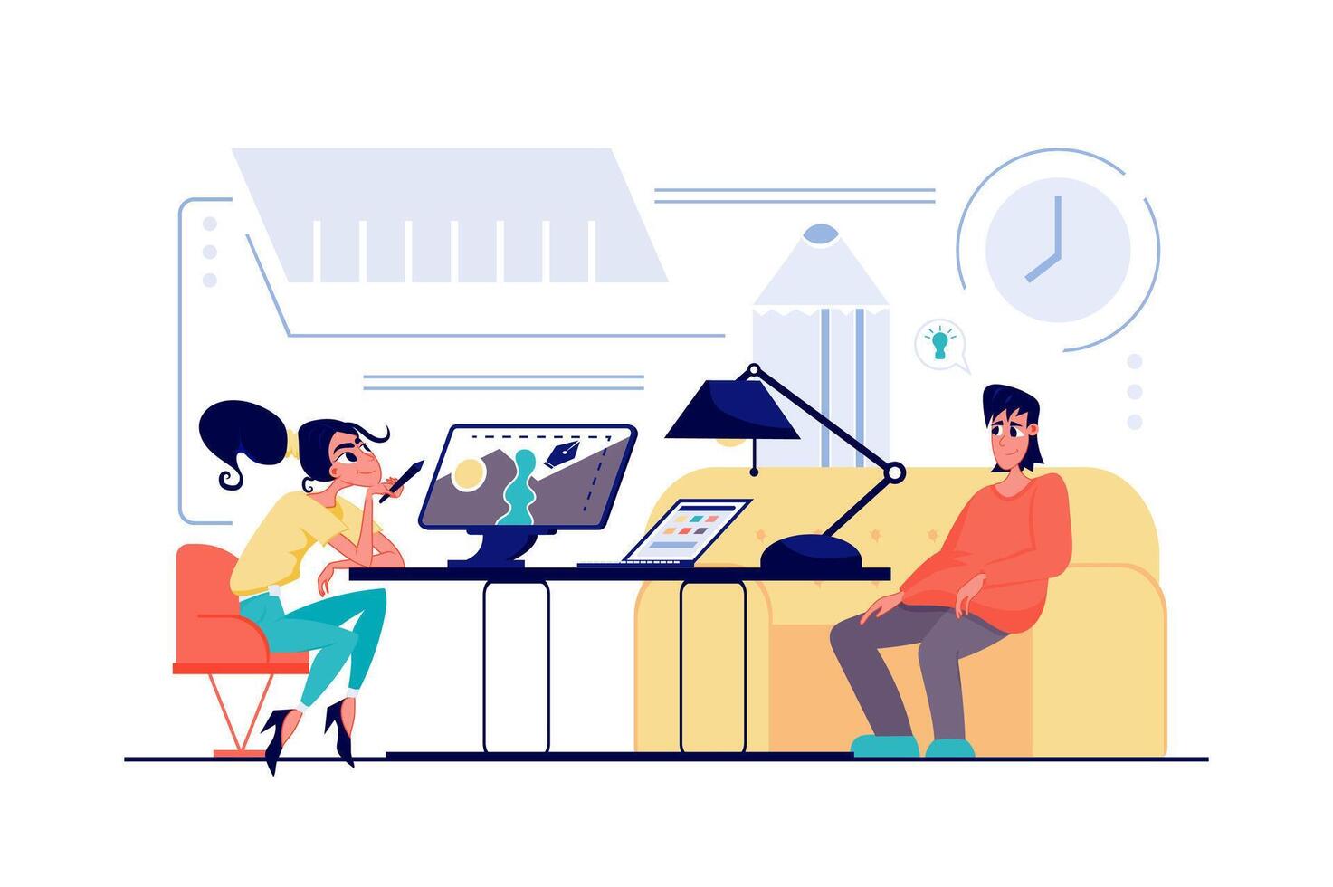 Designer studio concept in flat cartoon design. Man and woman drawing graphic content, creating artwork, generates ideas for art project, team working. illustration with people scene for web vector