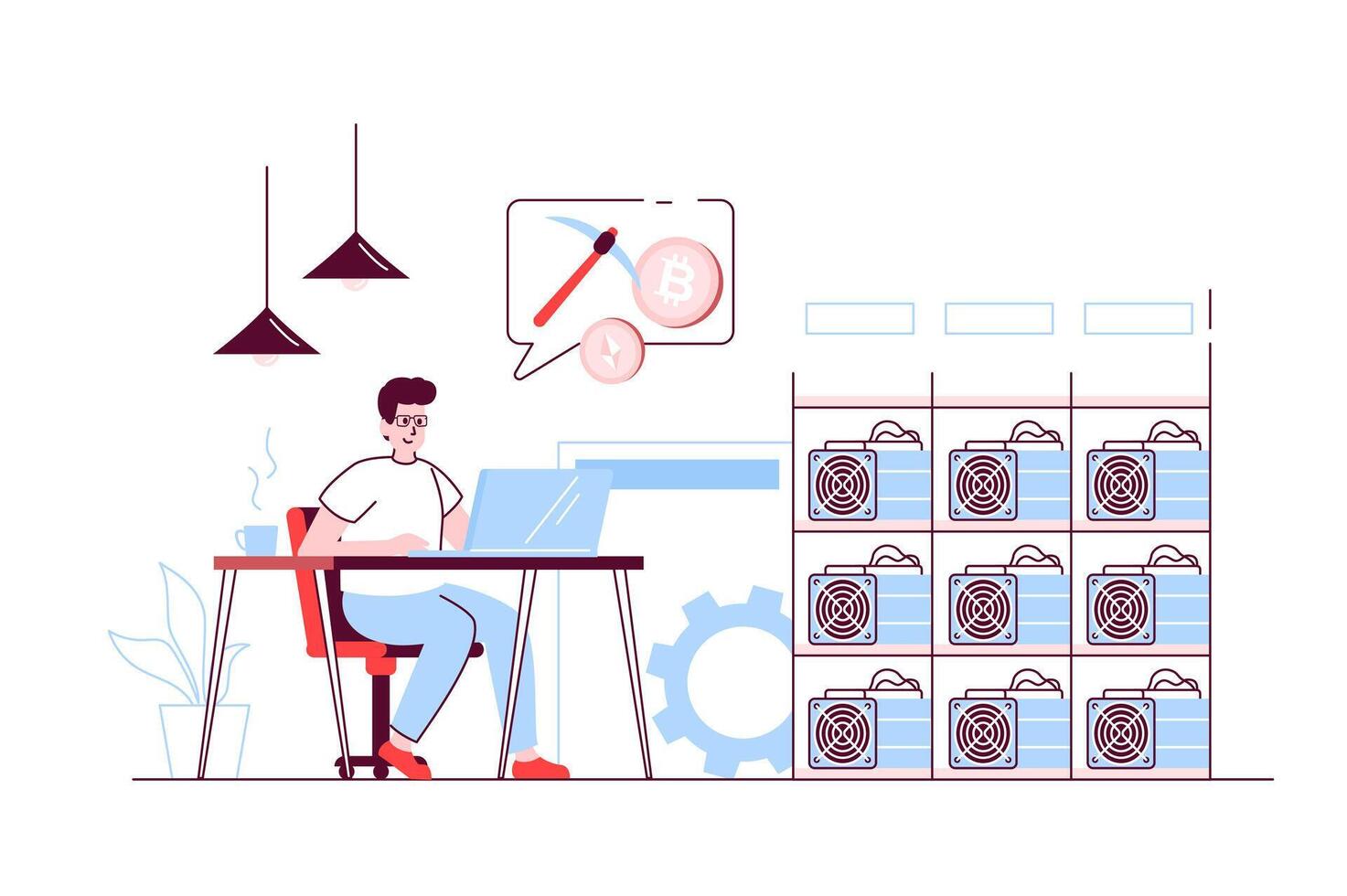 Cryptocurrency mining concept in flat line design. Man using laptop for sell and buy crypto money, creating him own farm for bitcoin mining. illustration with outline people scene for web vector