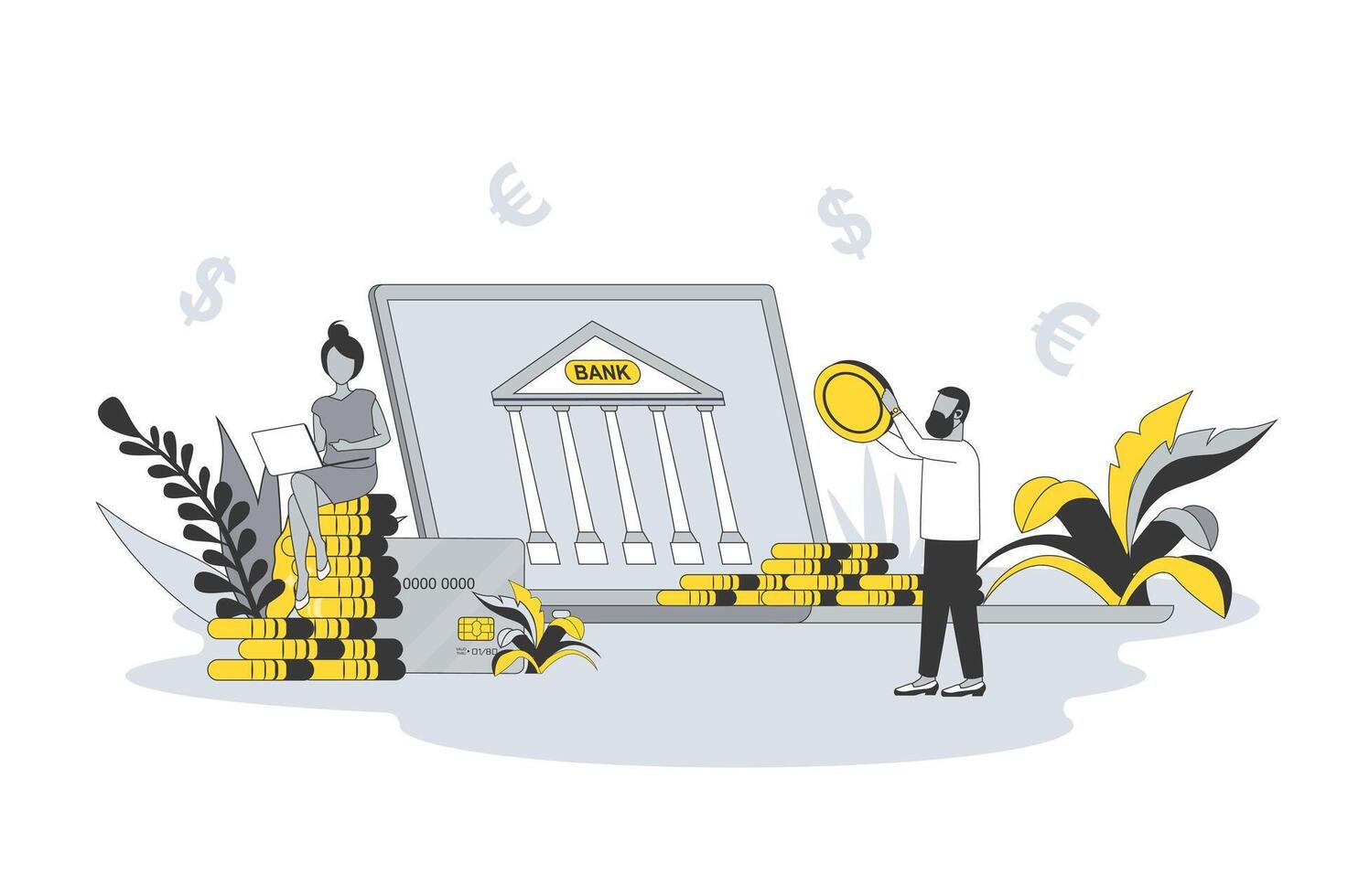 Banking and finance concept in flat line design. People use online banking services, manage financial balance, accumulate savings and invest money. illustration with outline scene for web vector