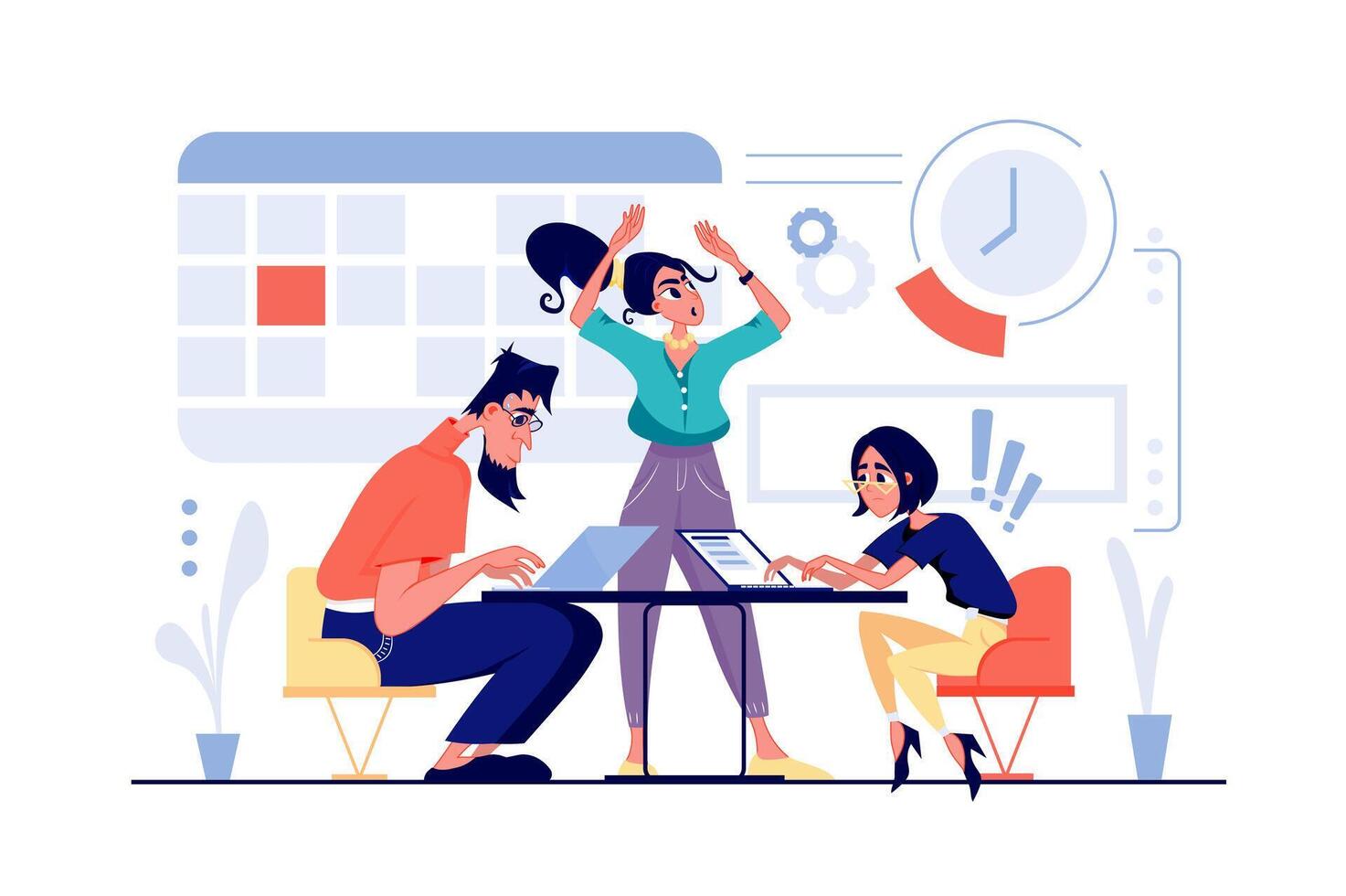 Deadline at office concept in flat cartoon design. Worried and tired employees working at laptops, rush to complete tasks. Work stress and time pressure. illustration with people scene for web vector
