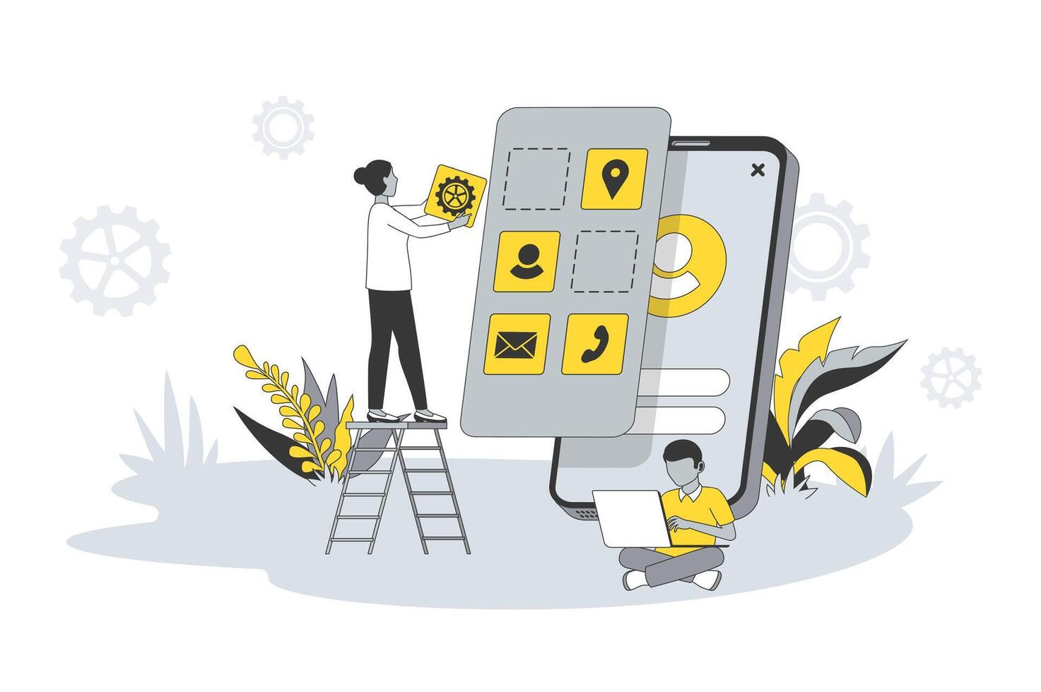 App development concept in flat line design. People create and optimize applications, place multimedia buttons on interface layout, settings software. illustration with outline scene for web vector