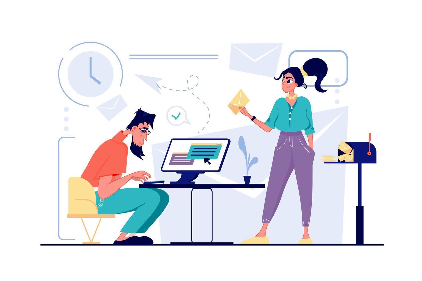 Email service concept in flat cartoon design. Man and woman send personal and business letters, making advertising mailing, messaging at app or program. illustration with people scene for web vector