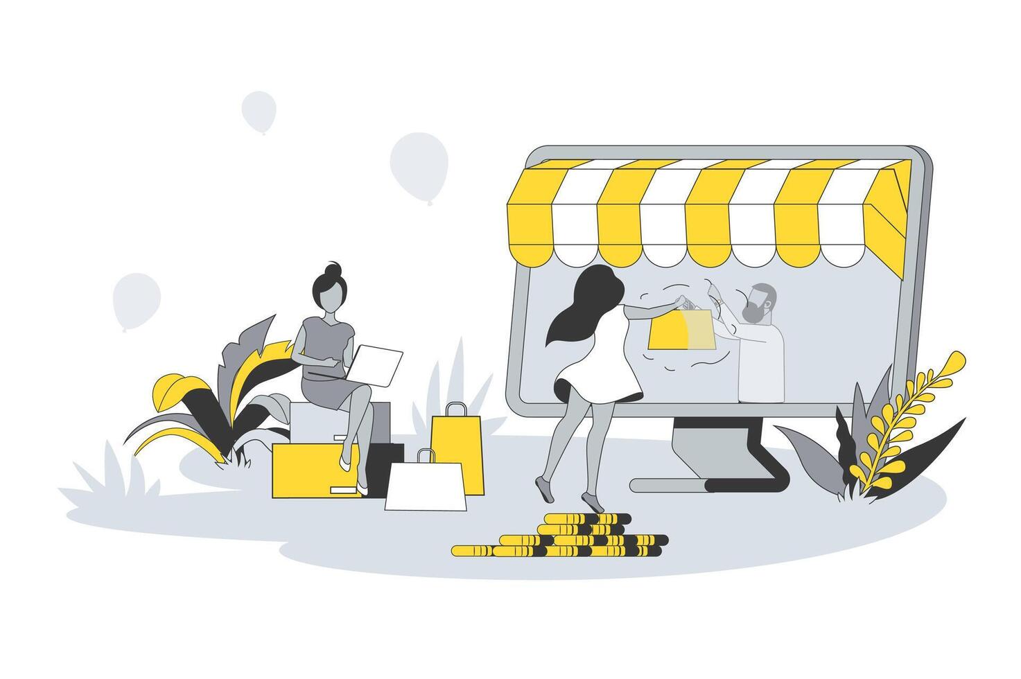E-commerce and online shopping concept in flat line design. People make purchases using store website, choose goods, pay online and receive orders. illustration with outline scene for web vector