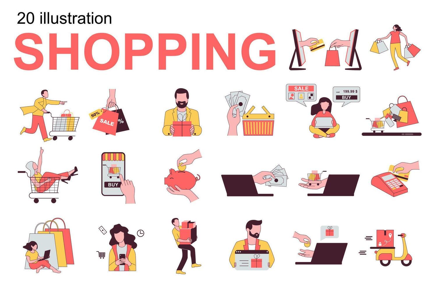 Shopping concept with people scenes set in flat design. Men and women choose goods, make purchases at sales, pay online and at checkout and other. illustration visual stories collection for web vector