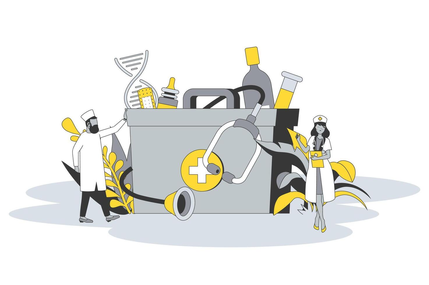 Medicine concept in flat line design. People receive medical services, doctor and nurse consult and diagnose patients, prescribe medicines and treatment. illustration with outline scene for web vector