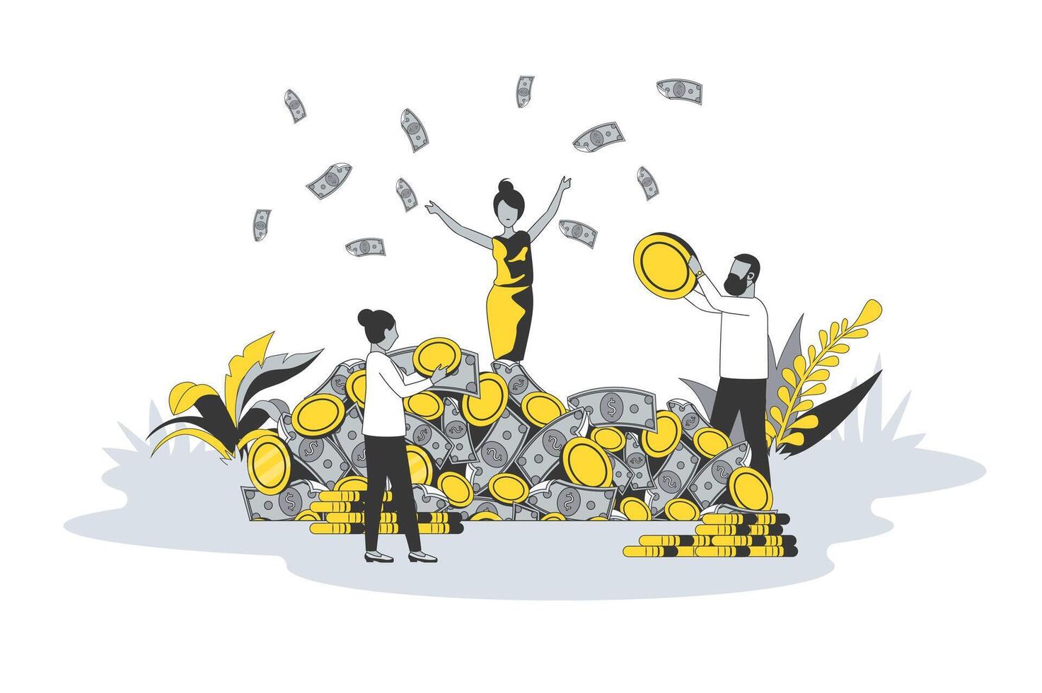 Finance and wealth concept in flat line design. People standing near to pile of money, holds coins and cash. Earnings, investment and financial success. illustration with outline scene for web vector