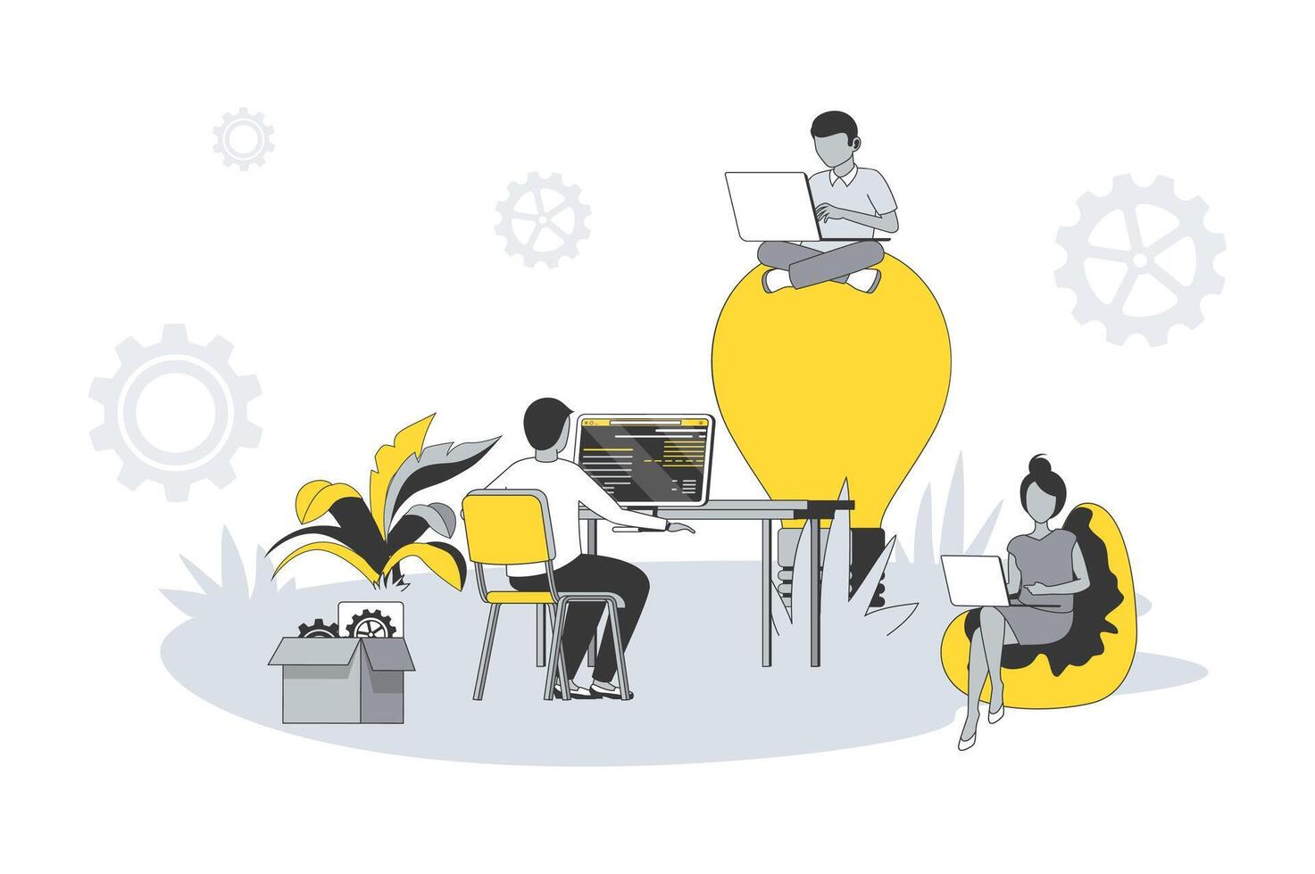 Coworking office concept in flat line design. People working on laptops and computers, communicate, generate ideas and brainstorming in open space. illustration with outline scene for web vector