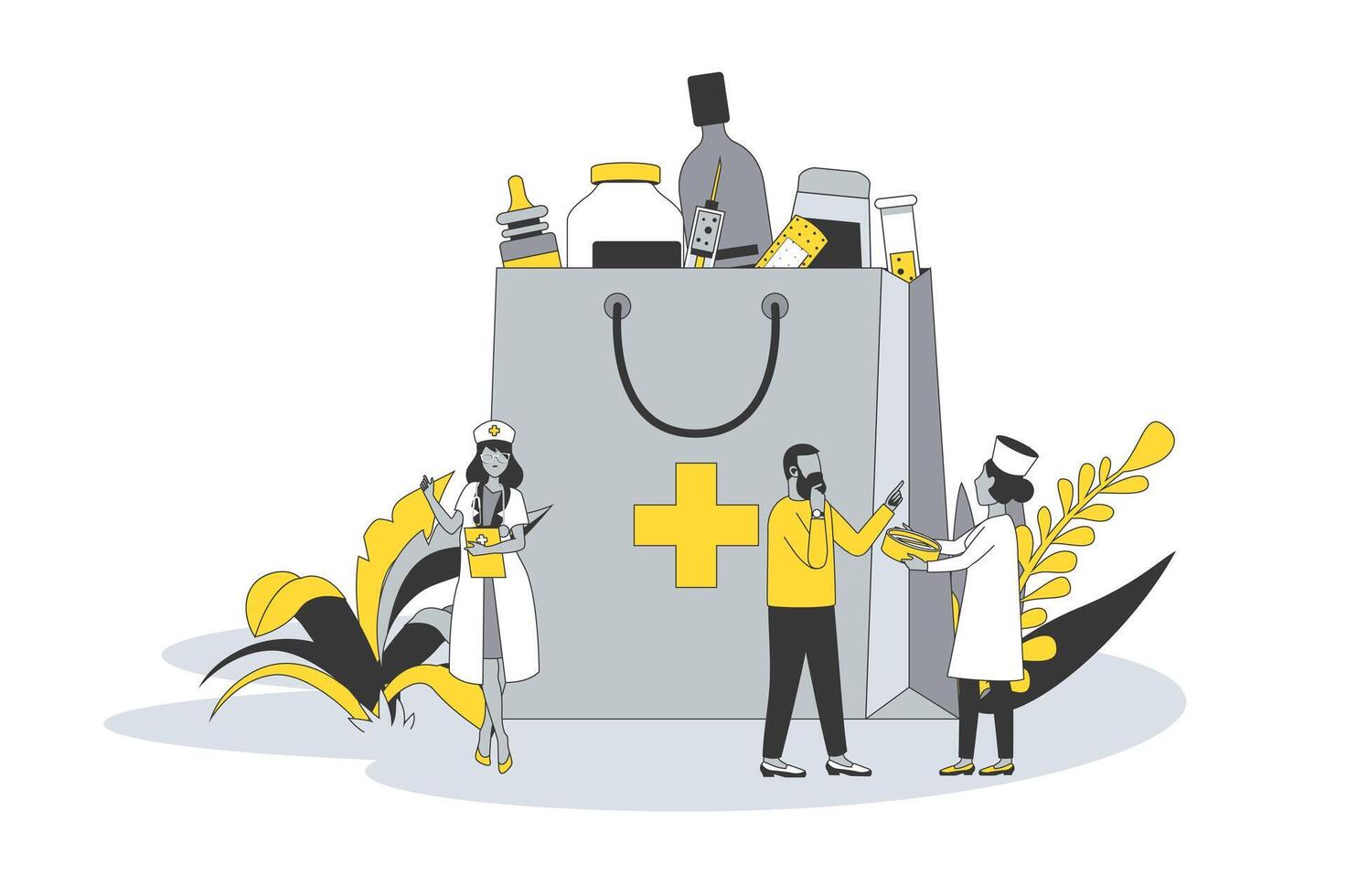 Pharmacy concept in flat line design. People choose and buy drugs with doctors receipt, pharmacists advise buyers and select pills in drugstore. illustration with outline scene for web vector
