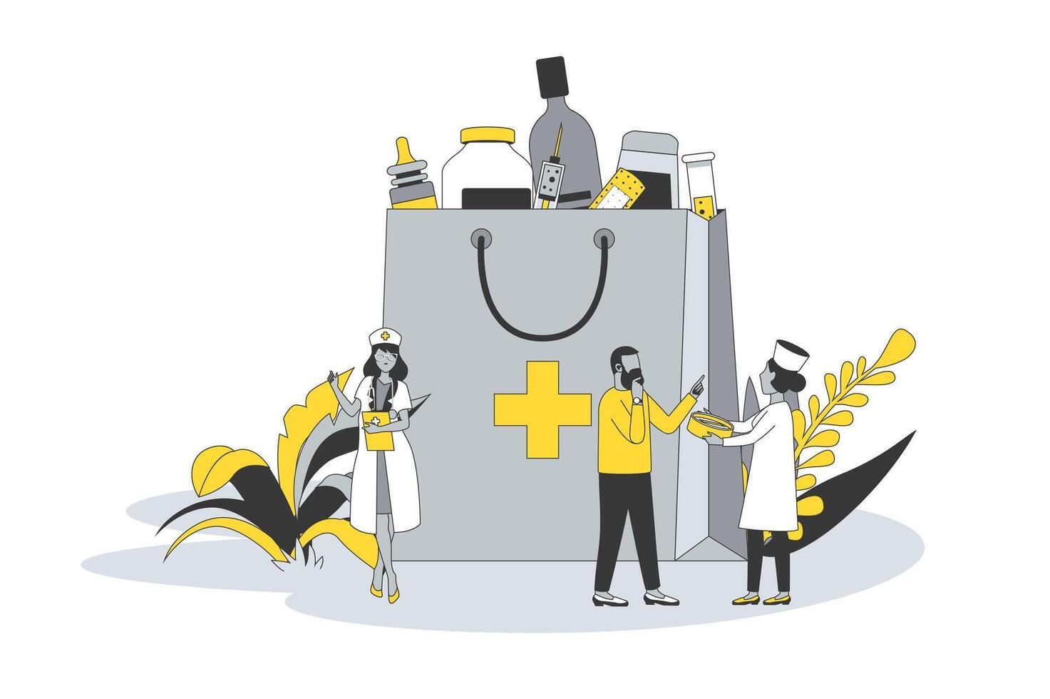 farmacia concepto en plano línea diseño. personas escoger y comprar drogas con doctores recibo, farmacéuticos asesorar los compradores y Seleccione pastillas en farmacia. ilustración con contorno escena para web vector