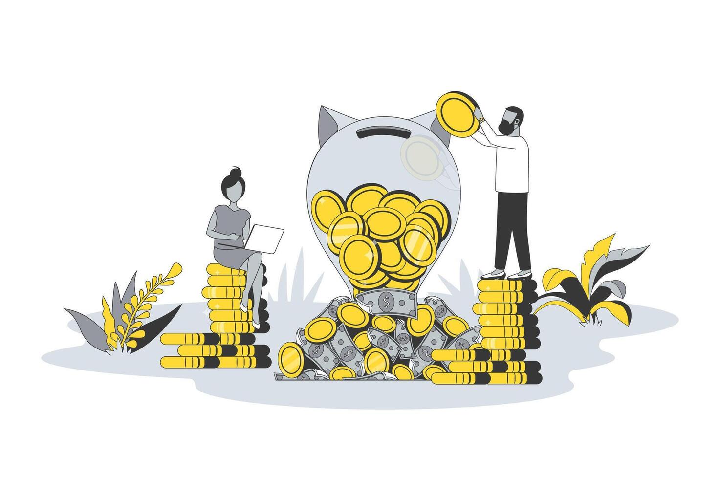 Investment money concept in flat line design. People accumulate savings, create success investment strategy, invest finances and earnings profit. illustration with outline scene for web vector