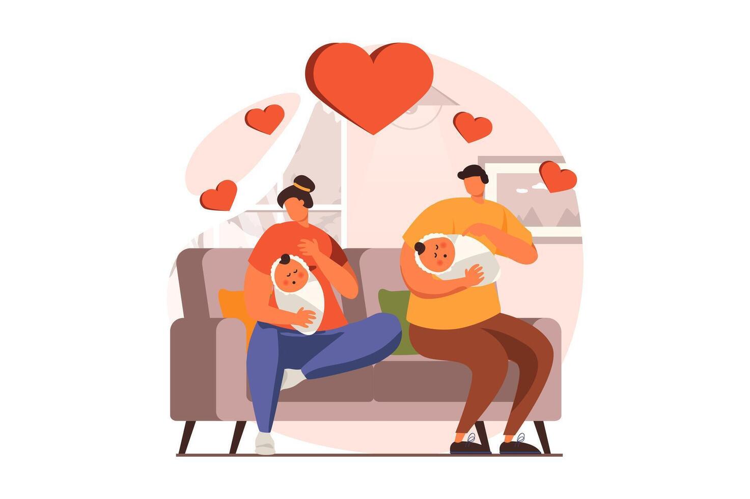 Newborn child in young family web concept in flat design. Happy dad and mom holding twins and sitting at sofa at home. Father and mother take care of small kids. illustration with people scene vector
