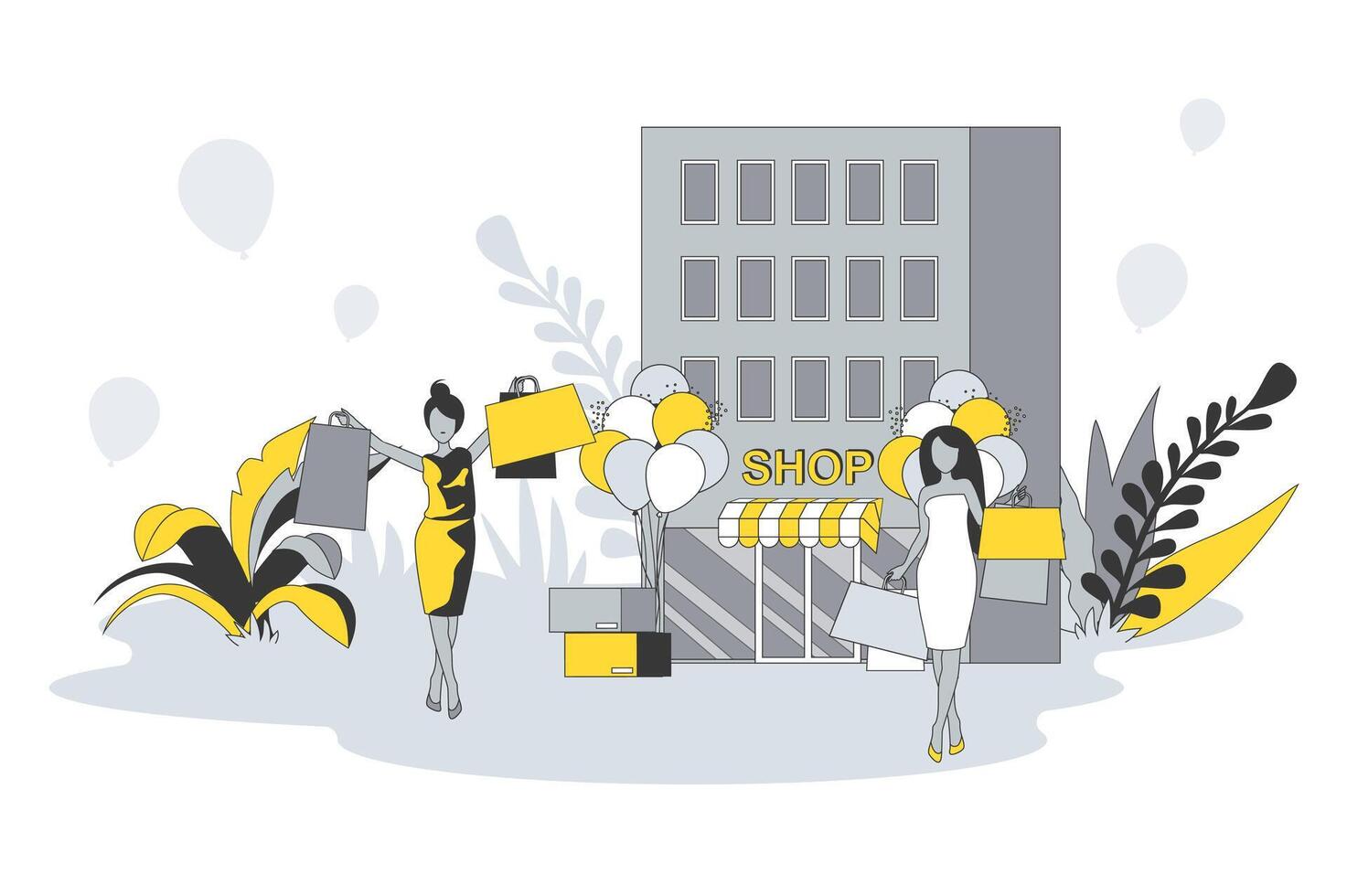 Shopping concept in flat line design. People buy goods in stores. Women with bags making purchases at showrooms of boutiques at sales at discount prices. illustration with outline scene for web vector