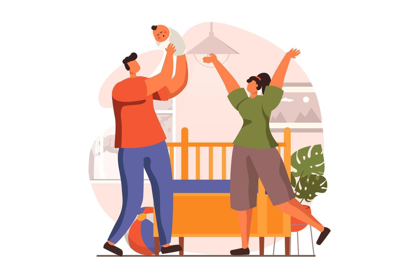 Newborn child in young family web concept in flat design. Happy dad and mom playing with infant at home. Father and mother take care of small kid at bedroom. illustration with people scene vector