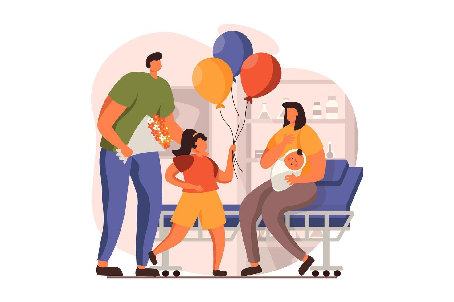 Newborn child in young family web concept in flat design. Happy mom holding infant while dad and daughter with balloons congratulation her in maternity ward. illustration with people scene vector