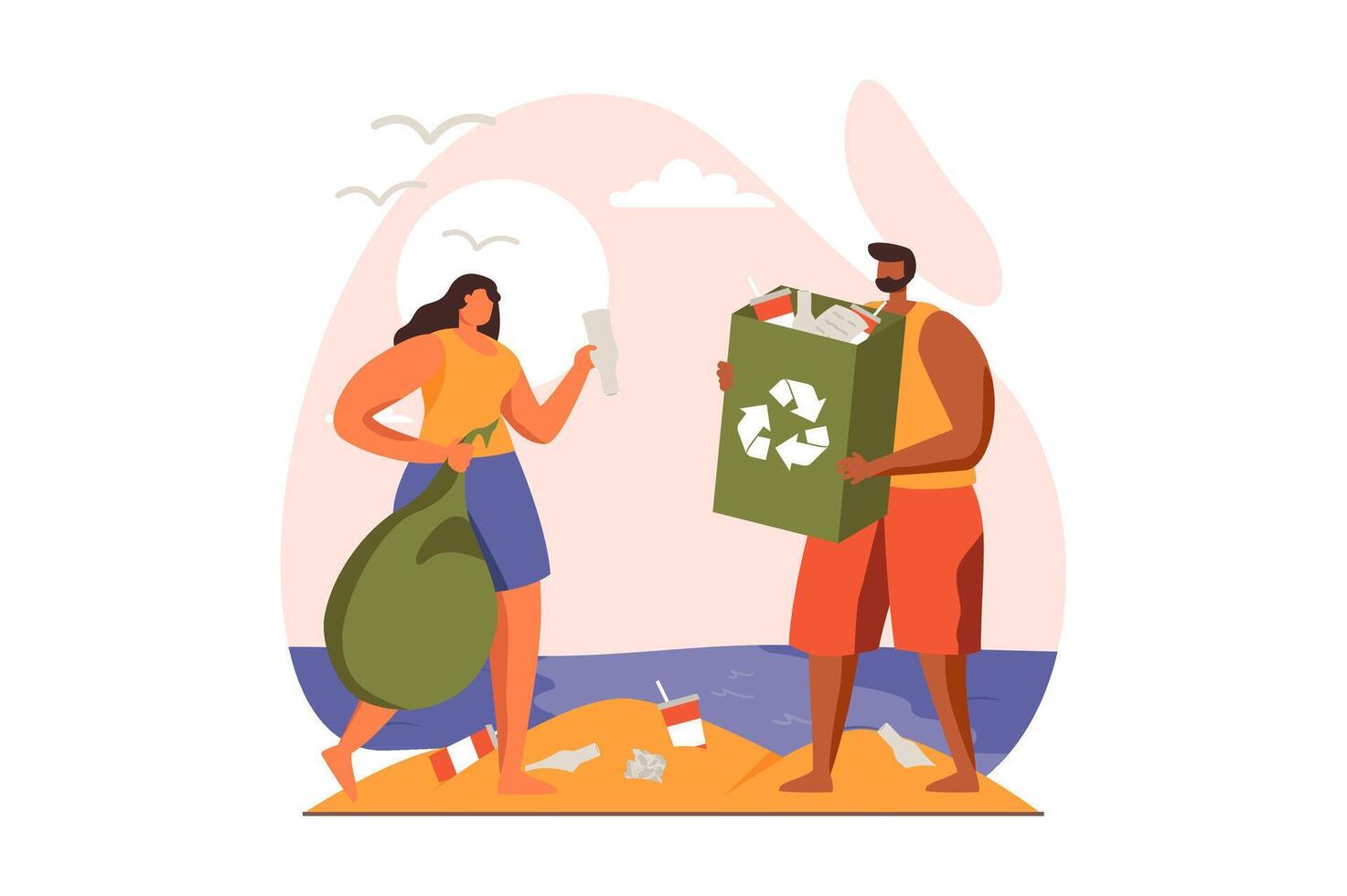People collecting garbage web concept in flat design. Man and woman gathering plastic waste in bags on beach, sorting trash into containers for recycling. illustration with characters scene vector