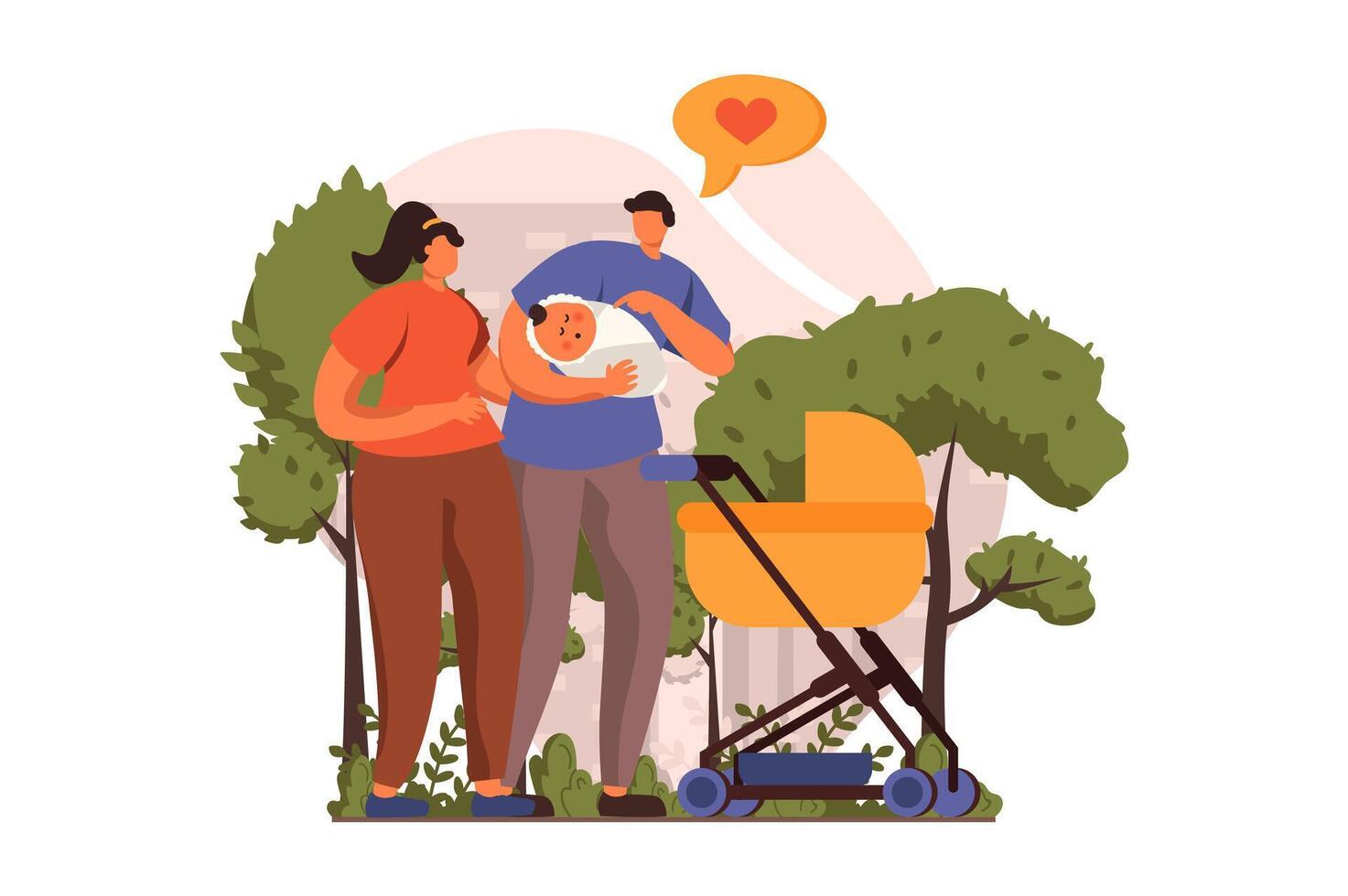 Newborn child in young family web concept in flat design. Happy dad and mom walking with infant in crib. Father and mother pastime with small kid in city park. illustration with people scene vector