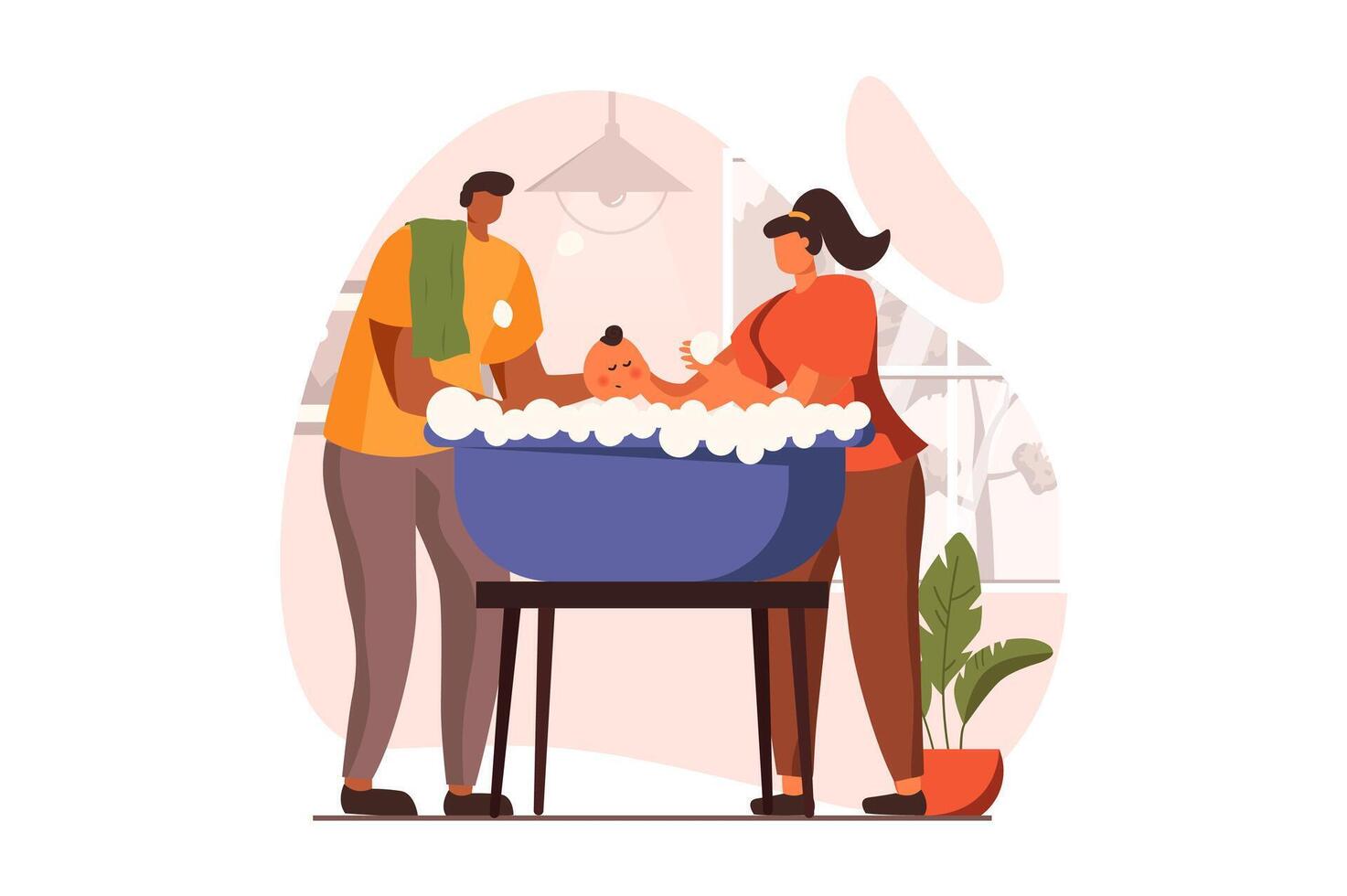 Newborn child in young family web concept in flat design. Happy dad and mom bathing baby in bubble bath at home. Father and mother take care of small kid. illustration with people scene vector
