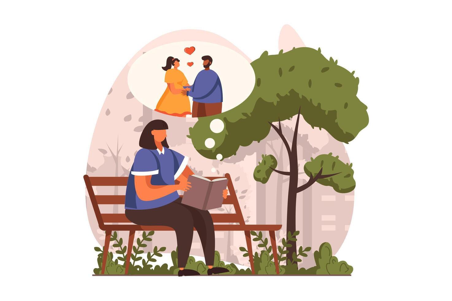 People reading book web concept in flat design. Woman reads romantic story while sitting on park bench. Literature lover spends time with book outdoors. illustration with characters scene vector