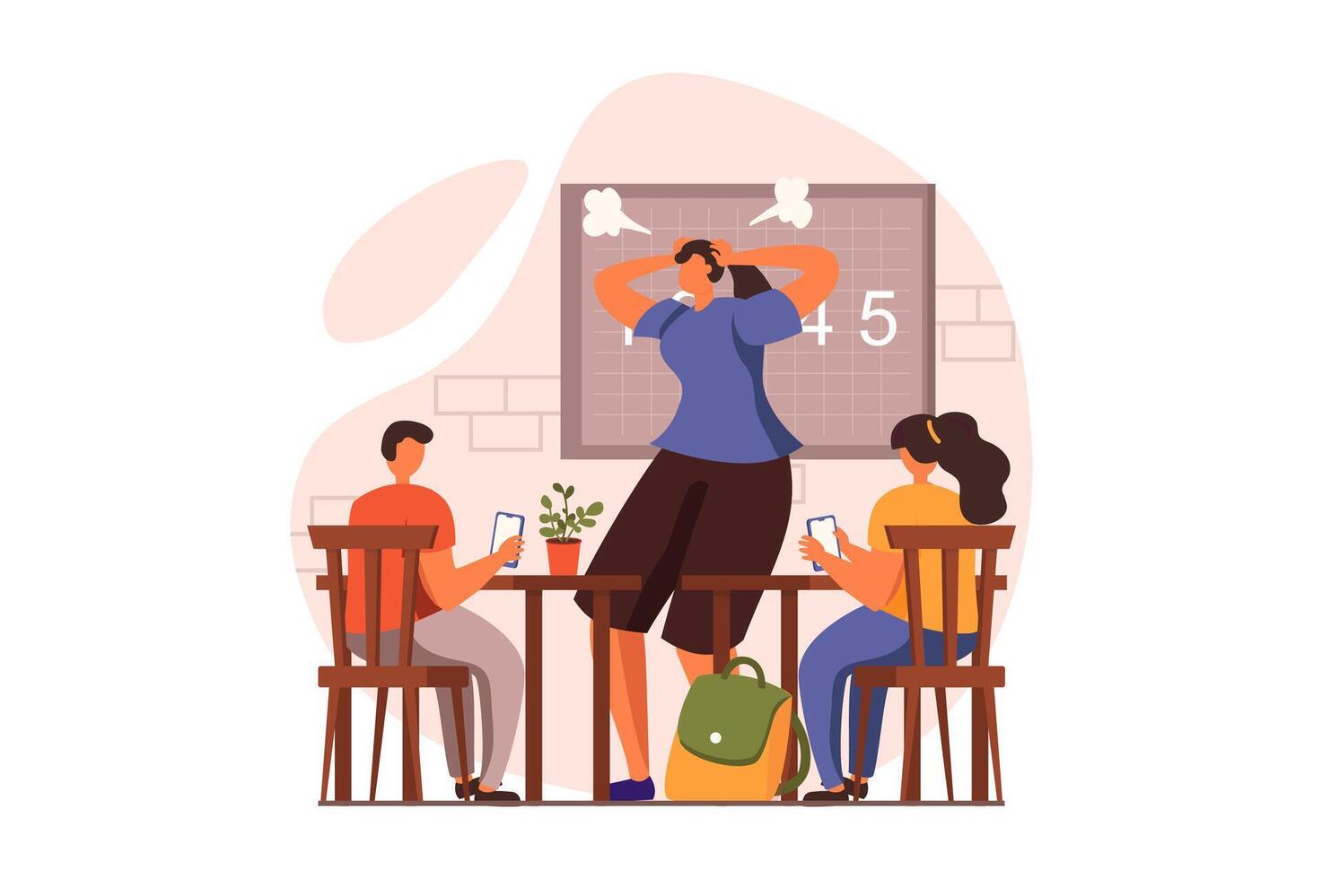 People sit in gadgets web concept in flat design. Boy and girl use smart phone in class and get distracted in class, angry teacher can't discipline pupils. illustration with characters scene vector