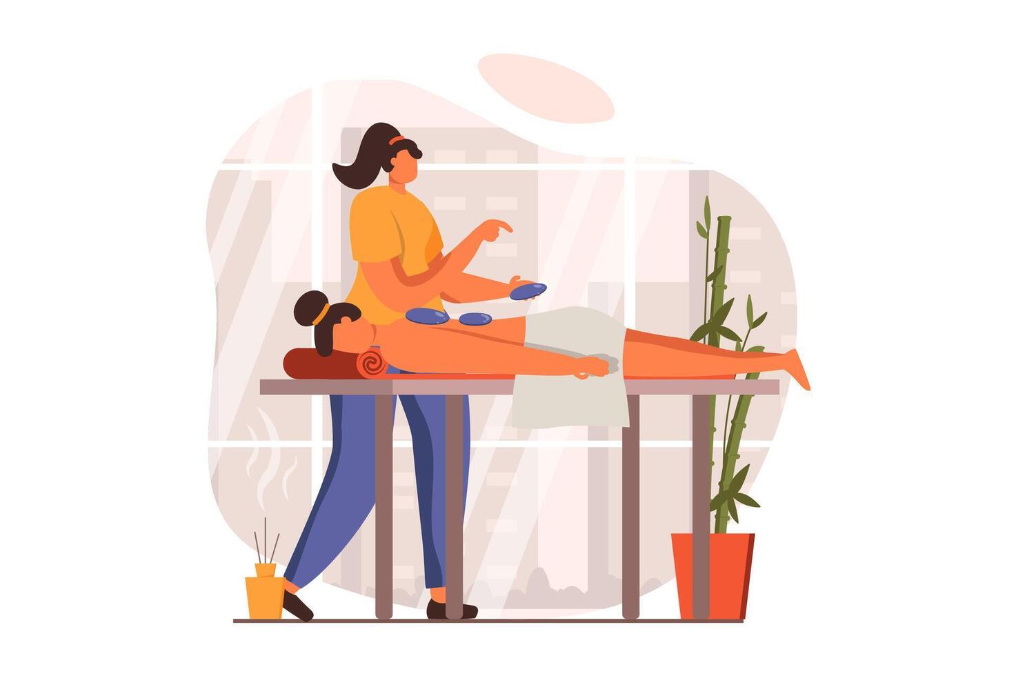 Spa salon web concept in flat design. Professional masseur does manual therapy with hot stones to patient. Woman lying on couch and getting relax back massage. illustration with people scene vector