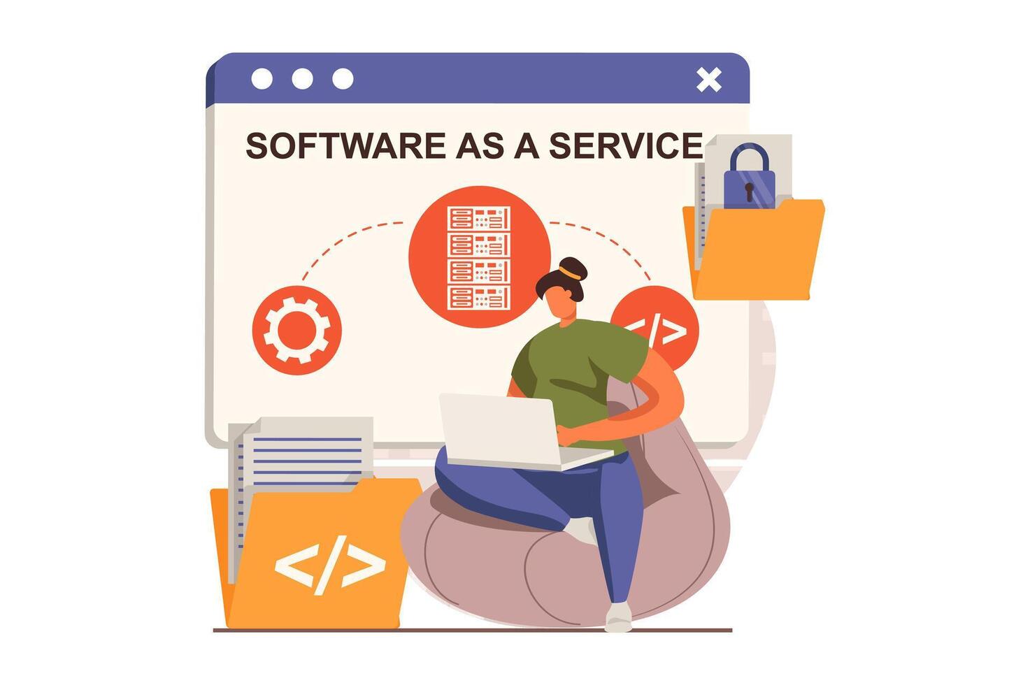 SaaS web concept in flat design. Woman uses software as a service by subscription, upload and download files with cloud storage and working on laptop. illustration with characters scene vector