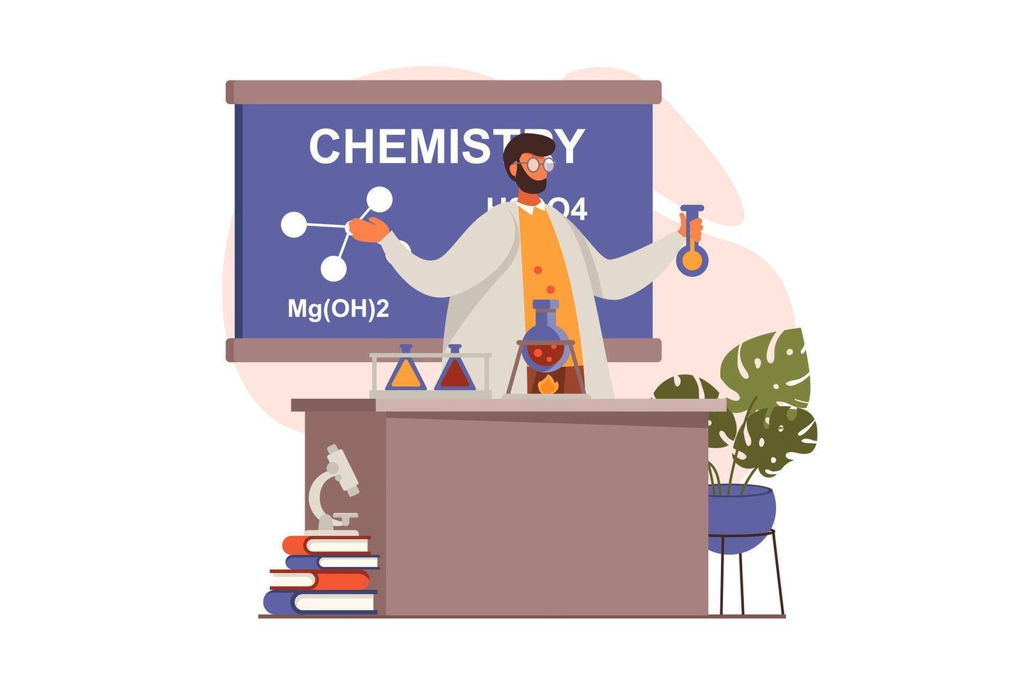 colegio profesor web concepto en plano diseño. hombre haciendo químico experimentar con laboratorio equipo y prueba tubos en aula. educación y ganancia conocimiento. ilustración con personas escena vector