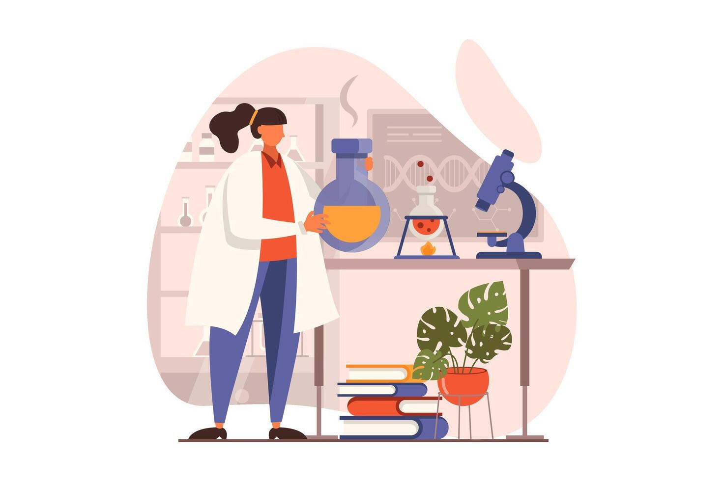 Science laboratory web concept in flat design. Woman scientist making test in huge tube. Researcher makes chemical experiments in flasks and on microscope in lab. illustration with people scene vector