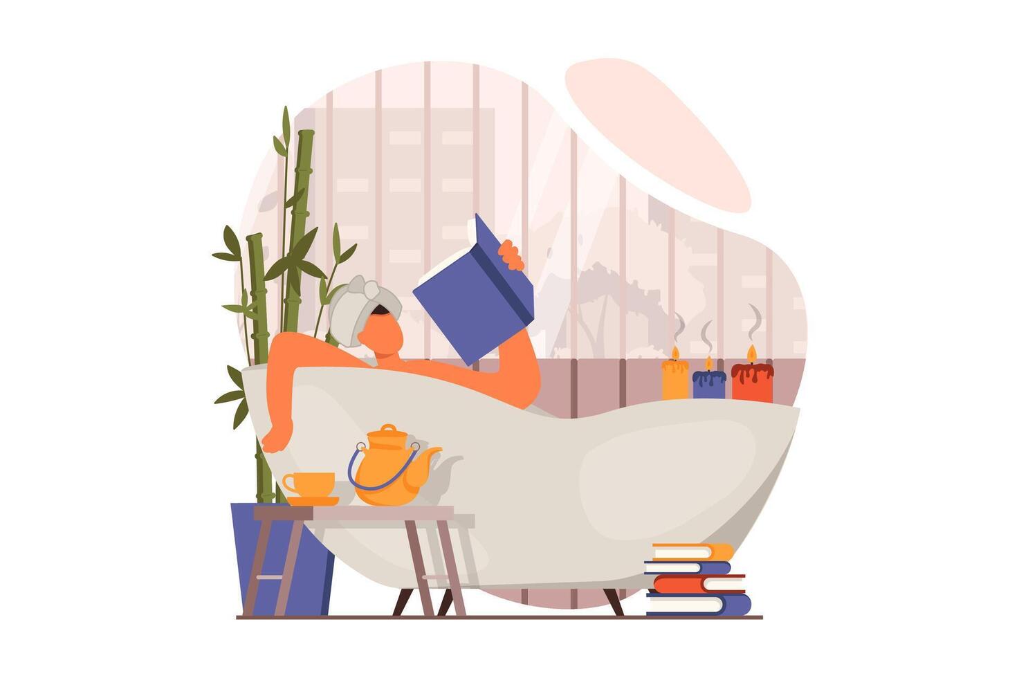 Spa salon web concept in flat design. Woman lies in bath and receives body skin care procedure, reads book, enjoys aromatherapy and tea in cosmetology clinic. illustration with people scene vector