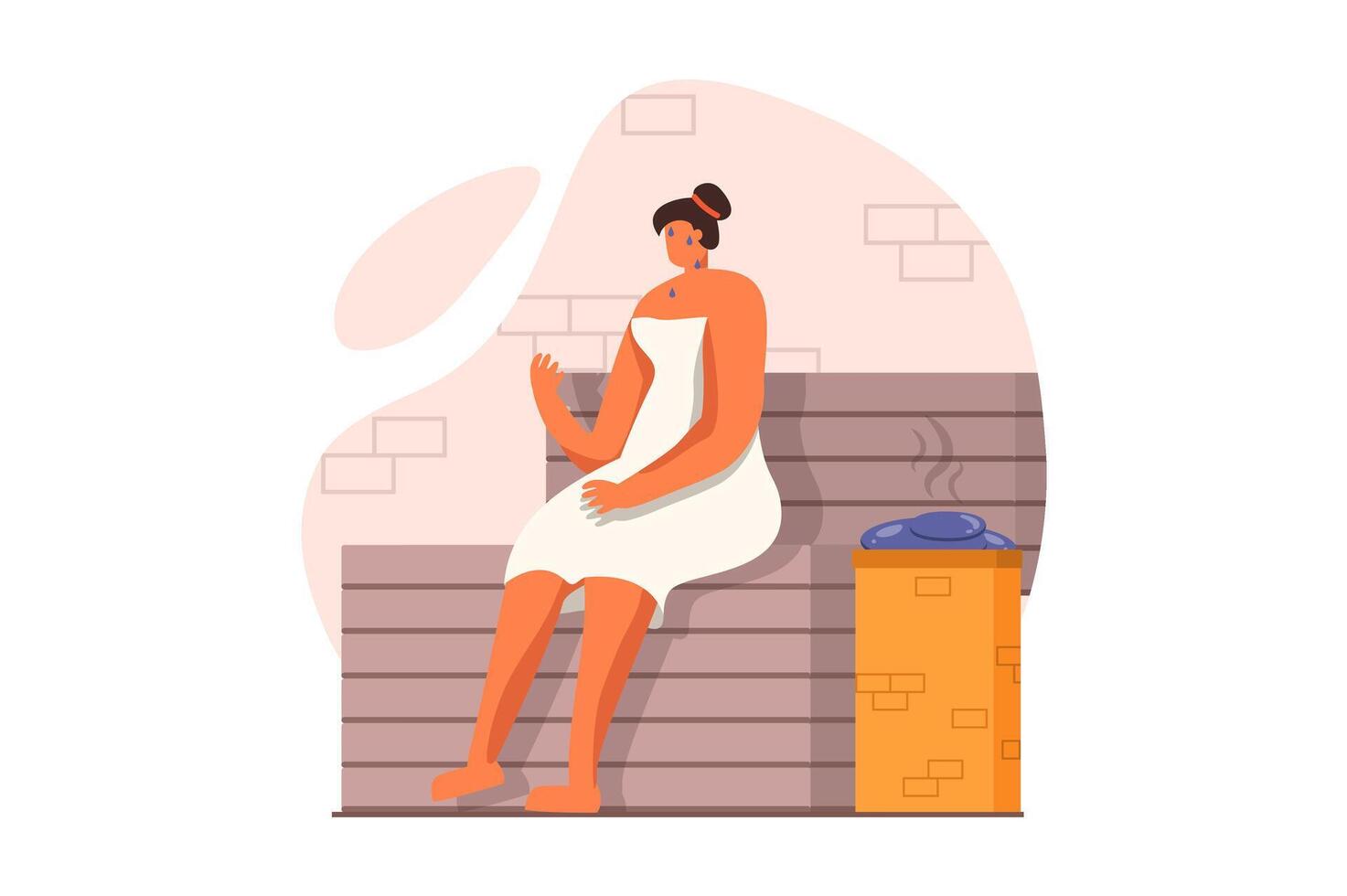 Spa salon web concept in flat design. Woman in towel sits on wooden bench in hot sauna, sweats and receives body skin care. Cosmetology and hygiene procedure. illustration with people scene vector